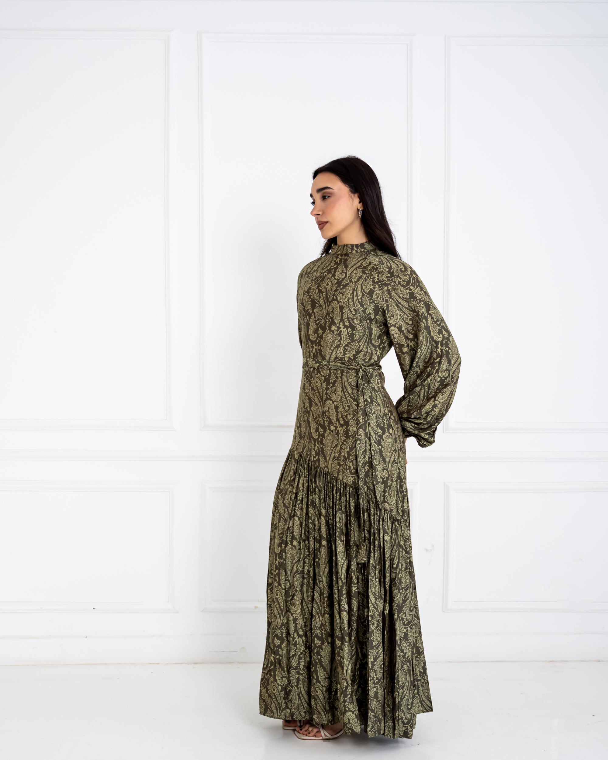 PAISLEY FLOWY DRESS-OLIVE