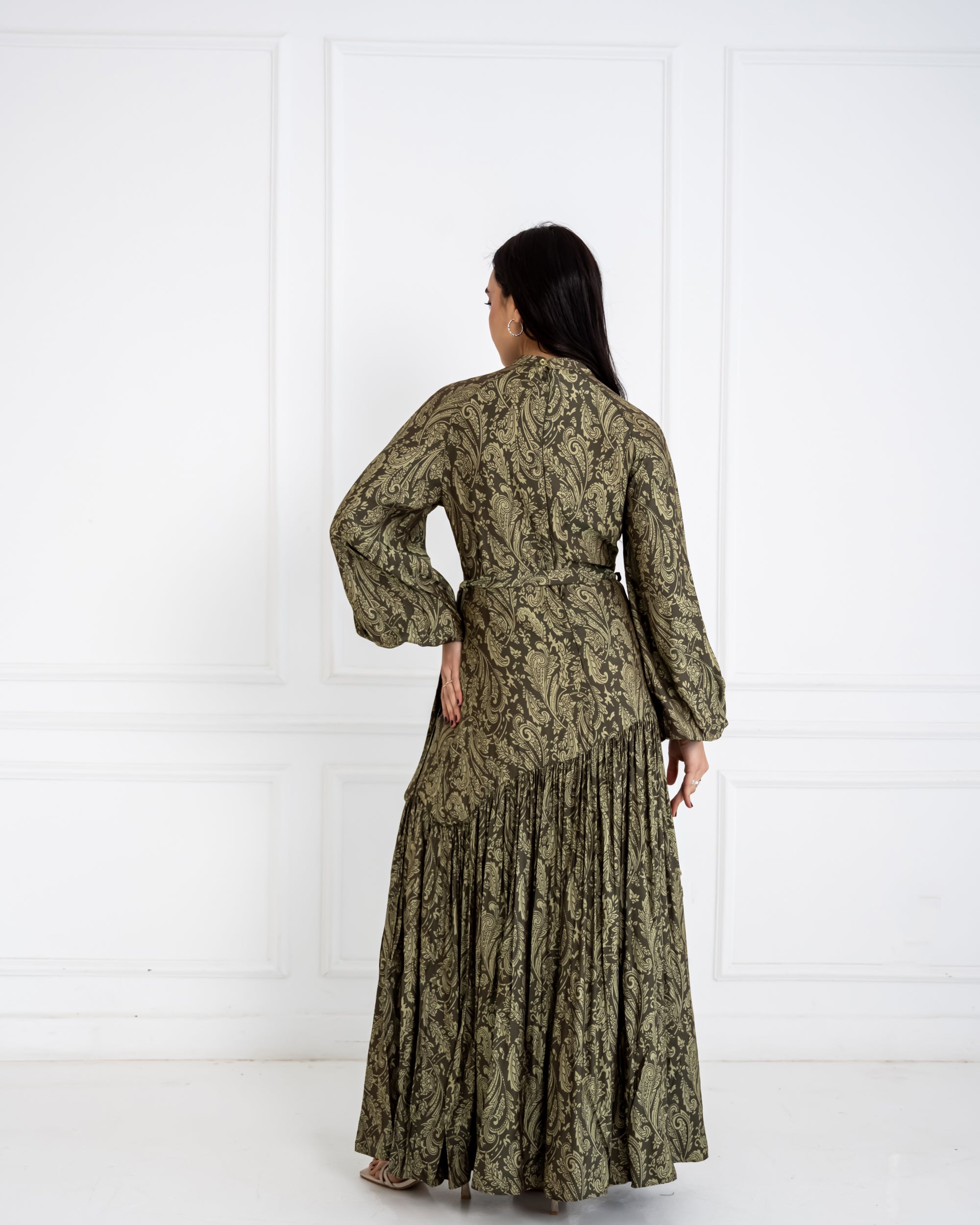 PAISLEY FLOWY DRESS-OLIVE