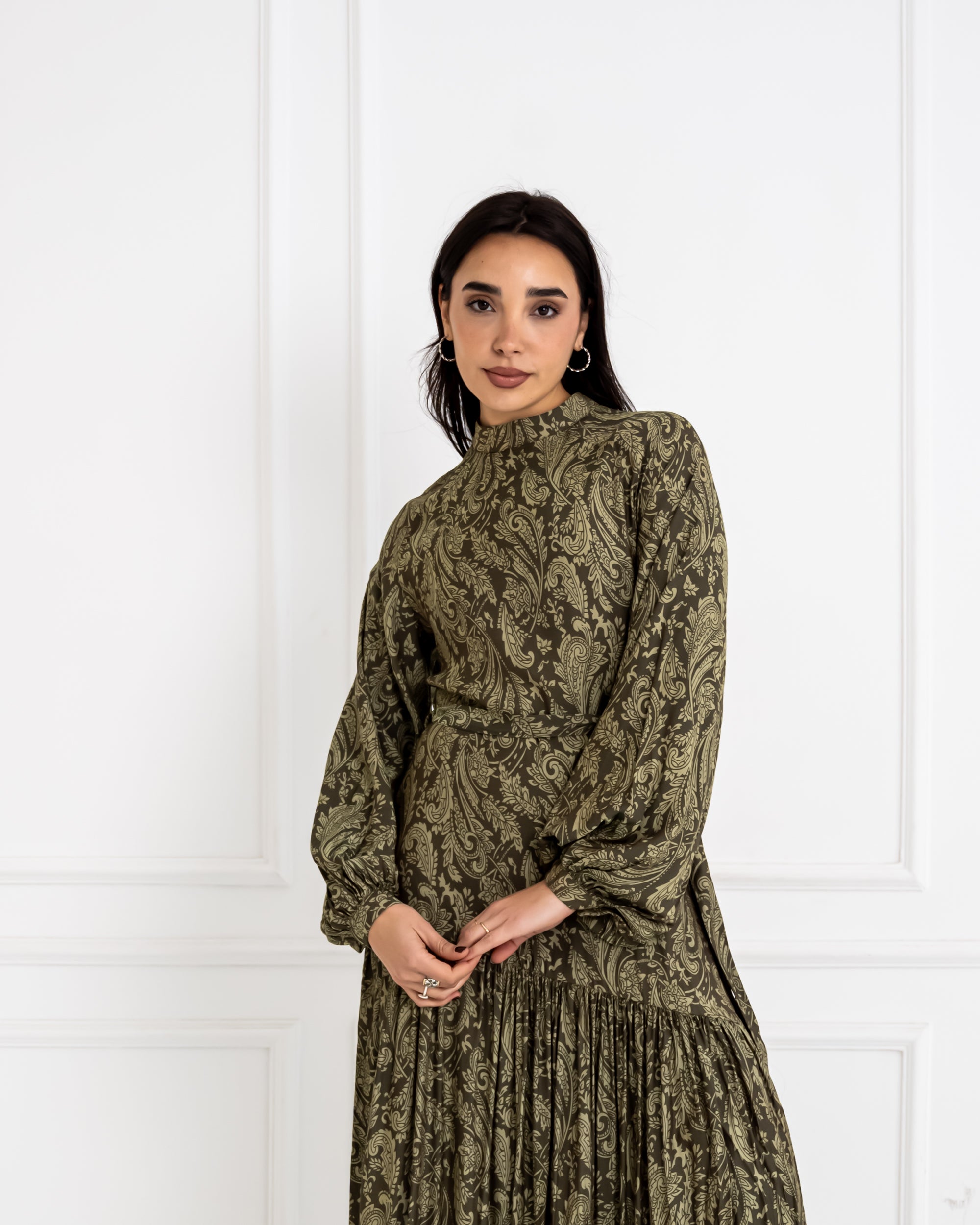 PAISLEY FLOWY DRESS-OLIVE