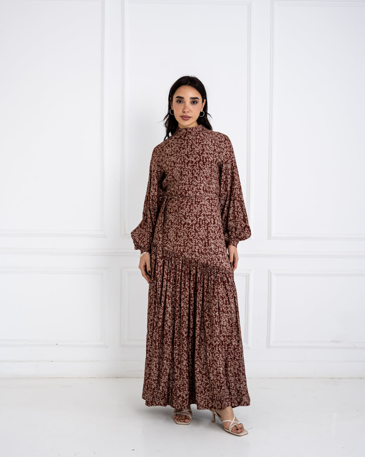 PAISLEY FLOWY DRESS-BROWN