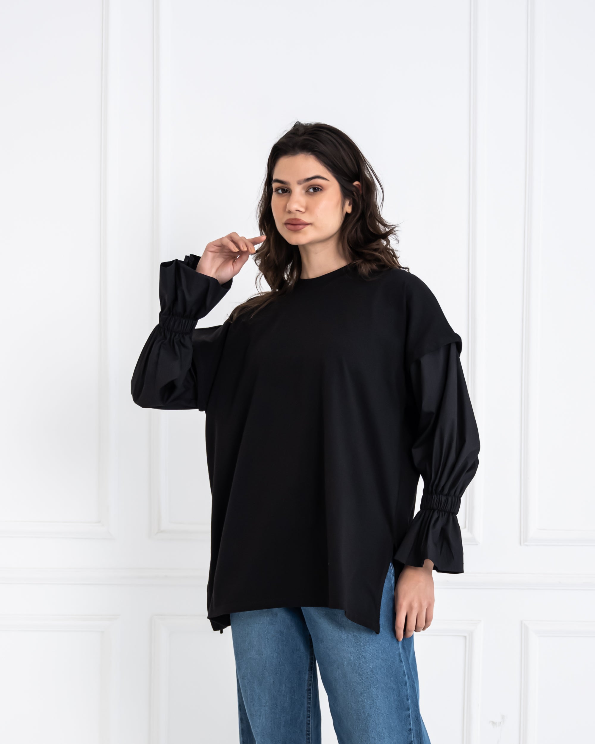 POPLIN SLEEVES OVERSIZED SHIRT-BLACK