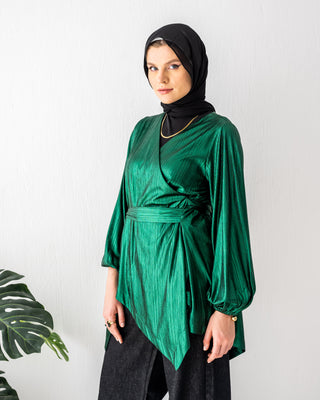 HIGH LOW METALIC BLOUSE -GREEN