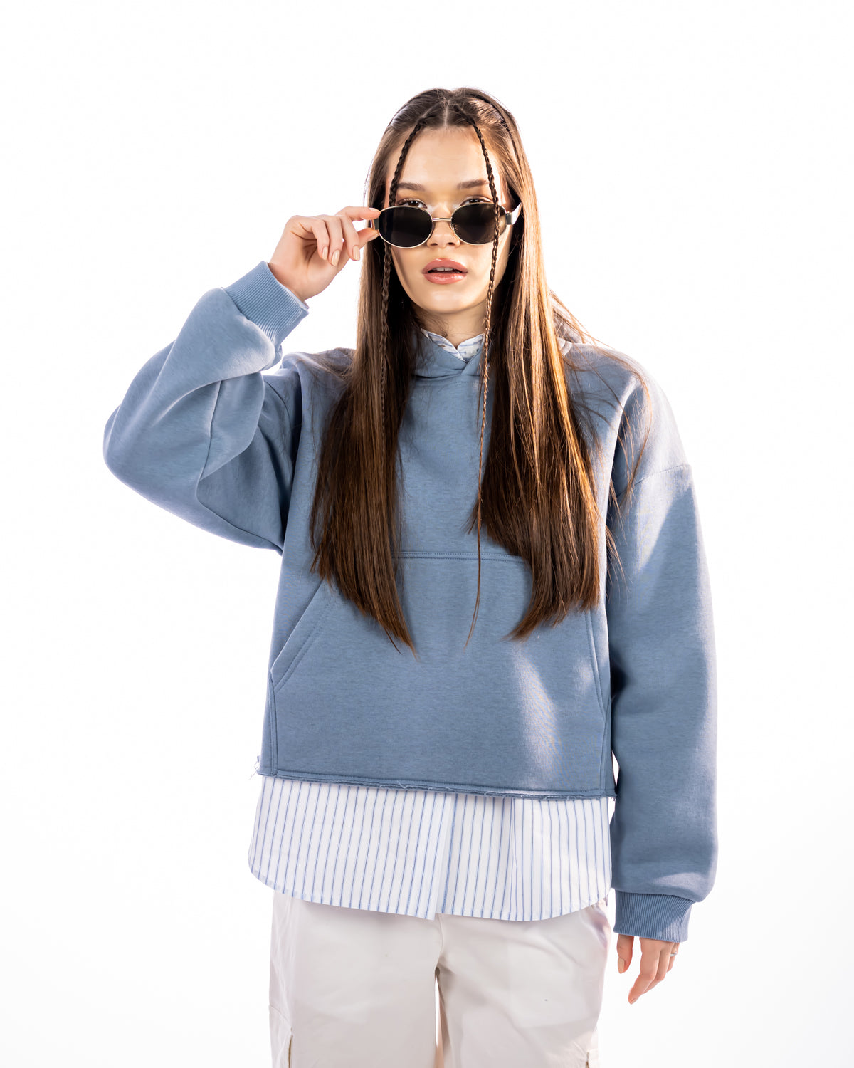 CROPPED HOODIE WITH POCKETS-BABY BLUE