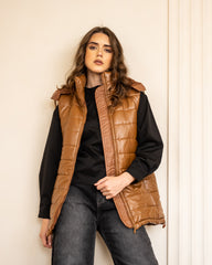 SLEEVELESS LEATHER PUFFER JACKET-HAVAN