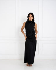 SLEEVELESS SATIN DRESS -BLACK