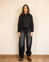 WIDE LEG FRINGE DENIM PANT-BLACK