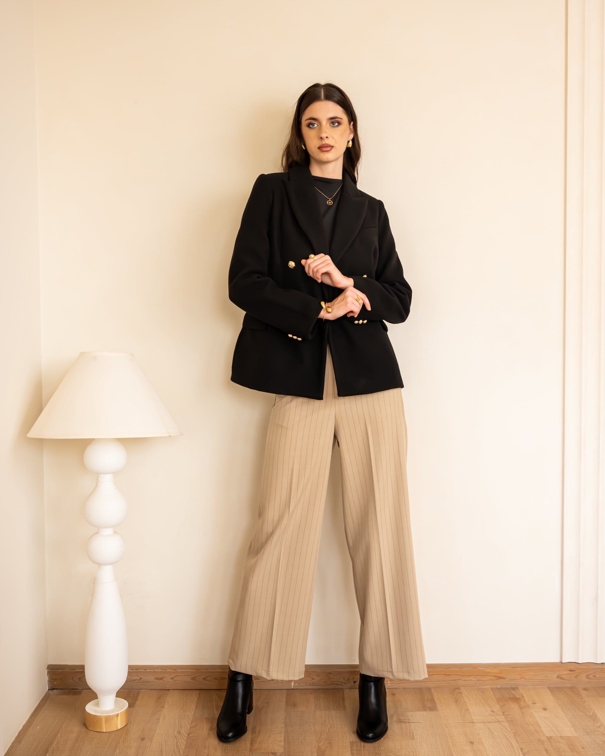 STRIPPED WIDE LEG PANTS-BEIGE