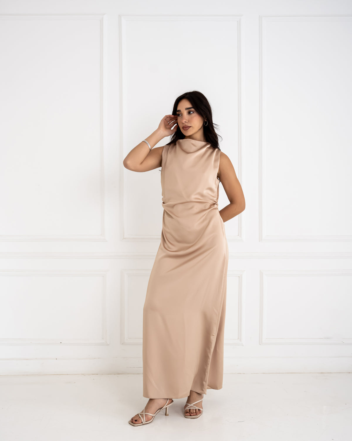 SLEEVELESS SATIN DRESS -CAFE