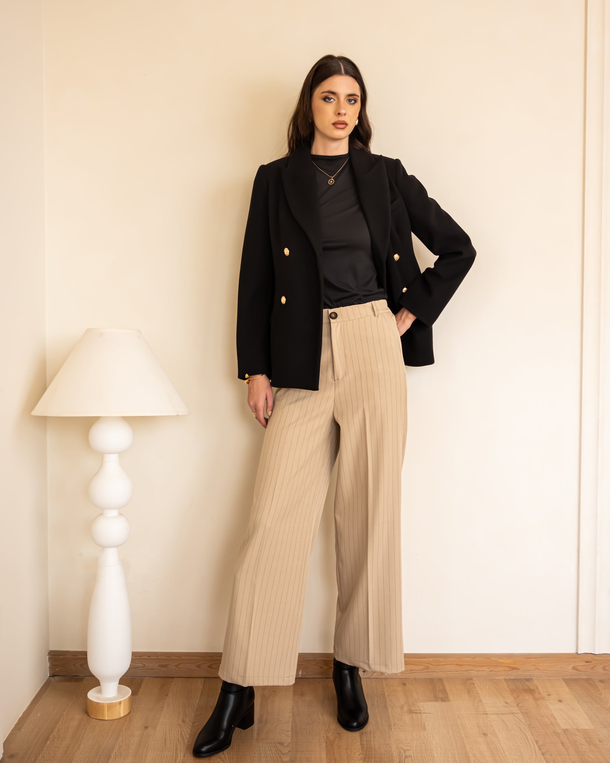 STRIPPED WIDE LEG PANTS-BEIGE