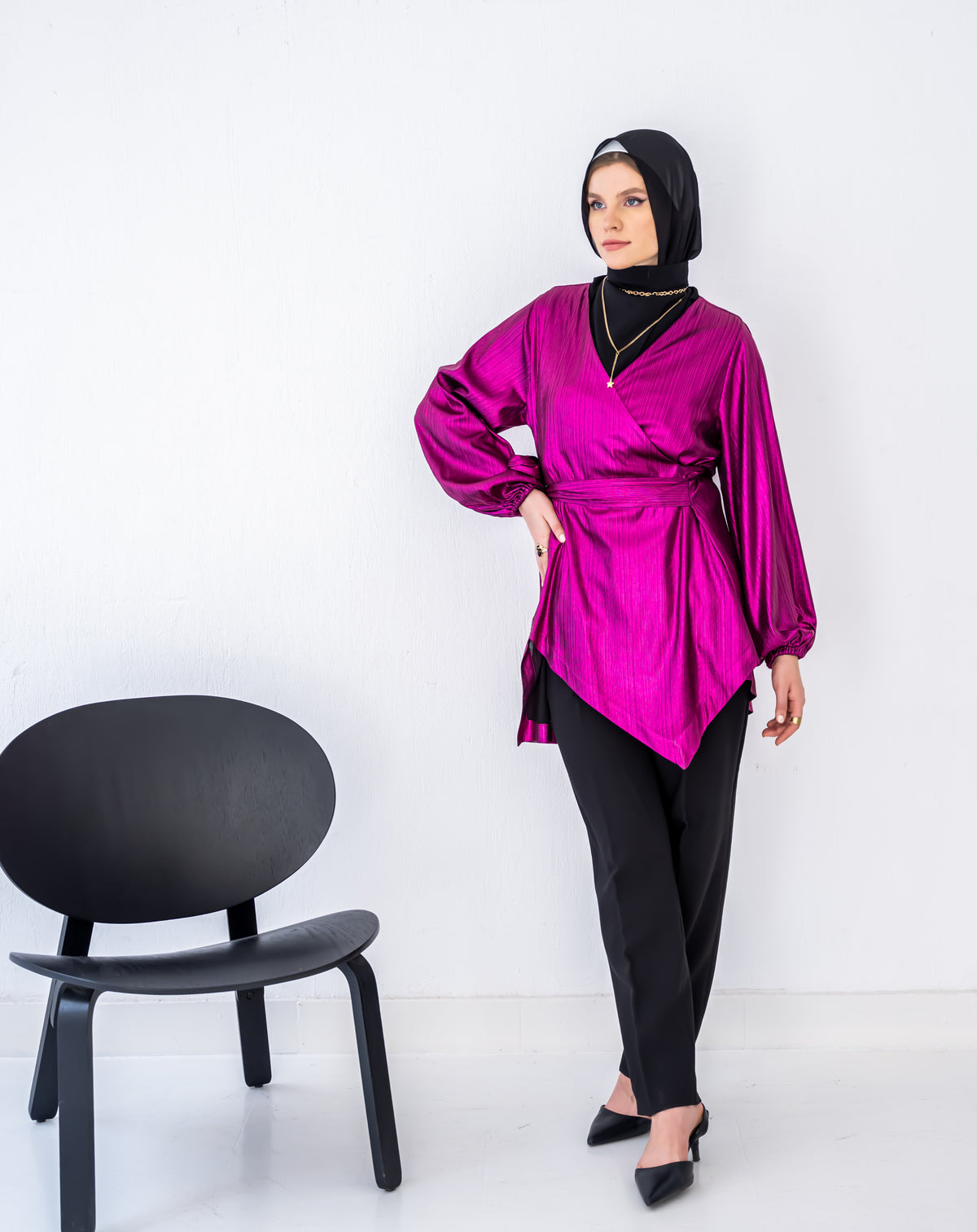 HIGH LOW METALIC BLOUSE -FOSHIA