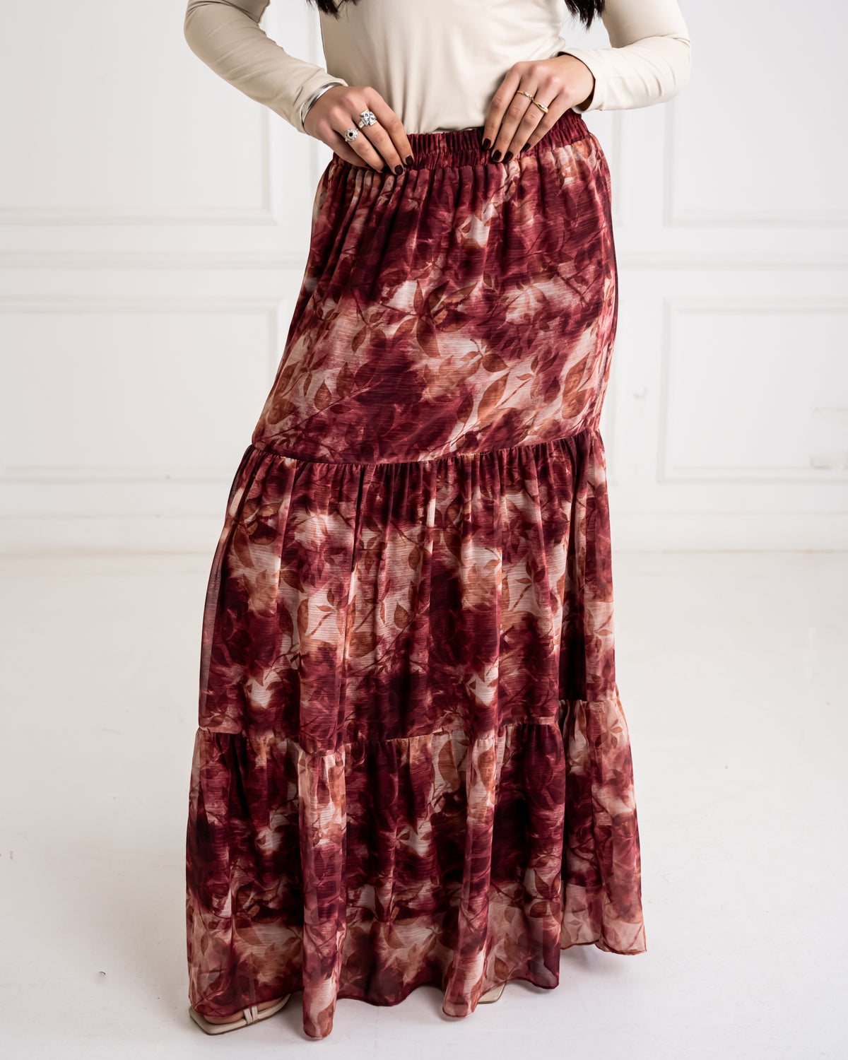 RUFFLE CHIFFON SKIRT-MAROON