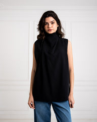 sleeveless drapped top-BLACK