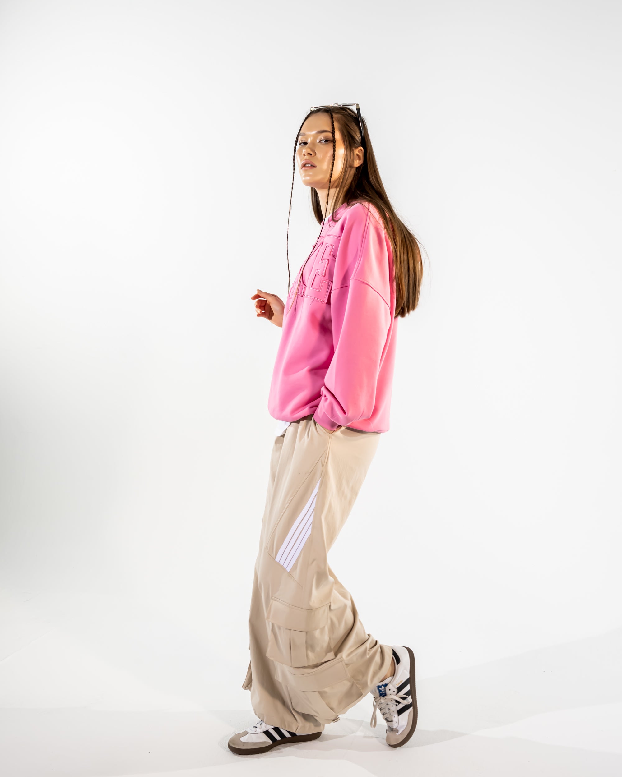 STRIPPED POCKET WIDE LEG PANTS-BEIGE