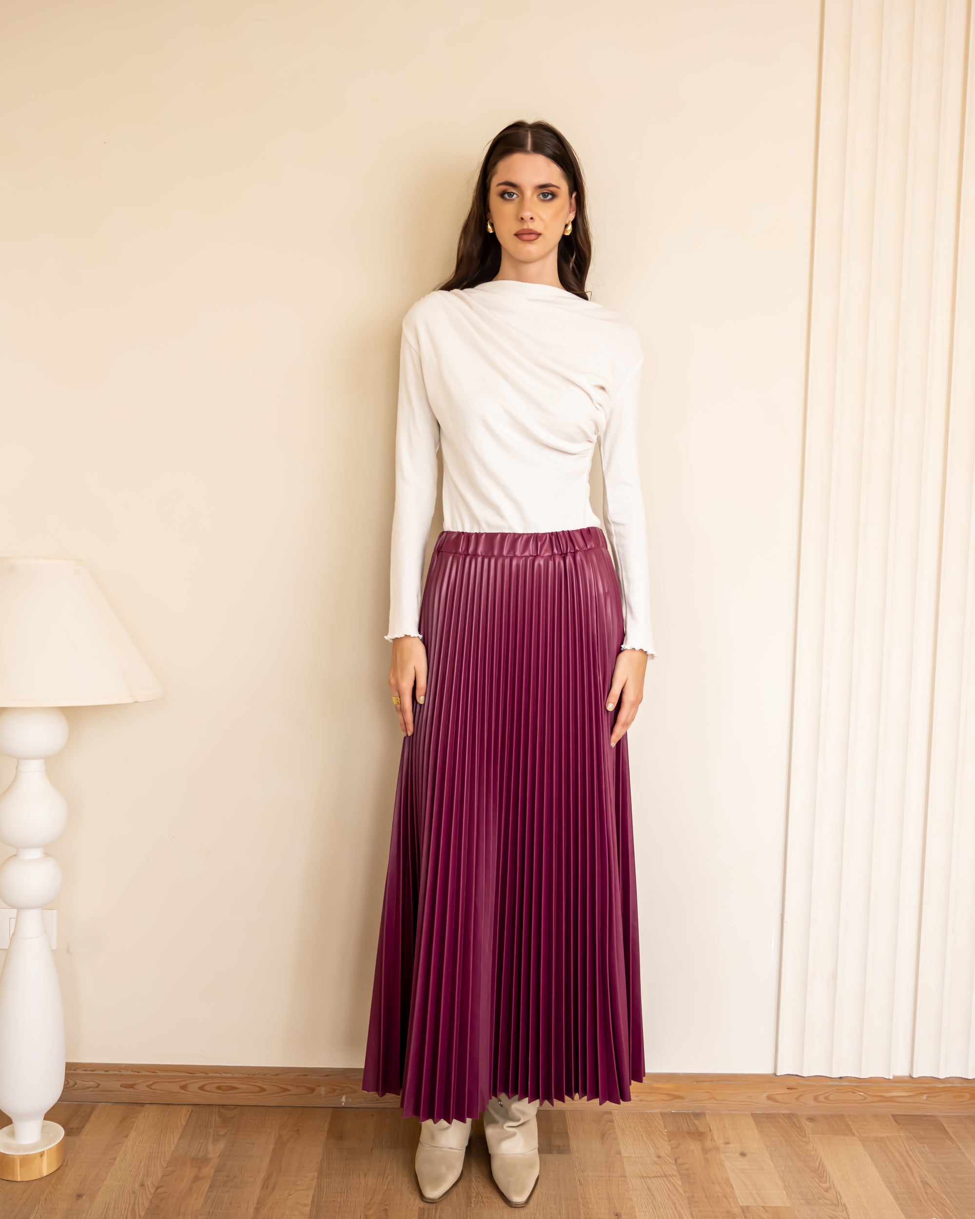 Plisse Satin Skirt-CASHMERE