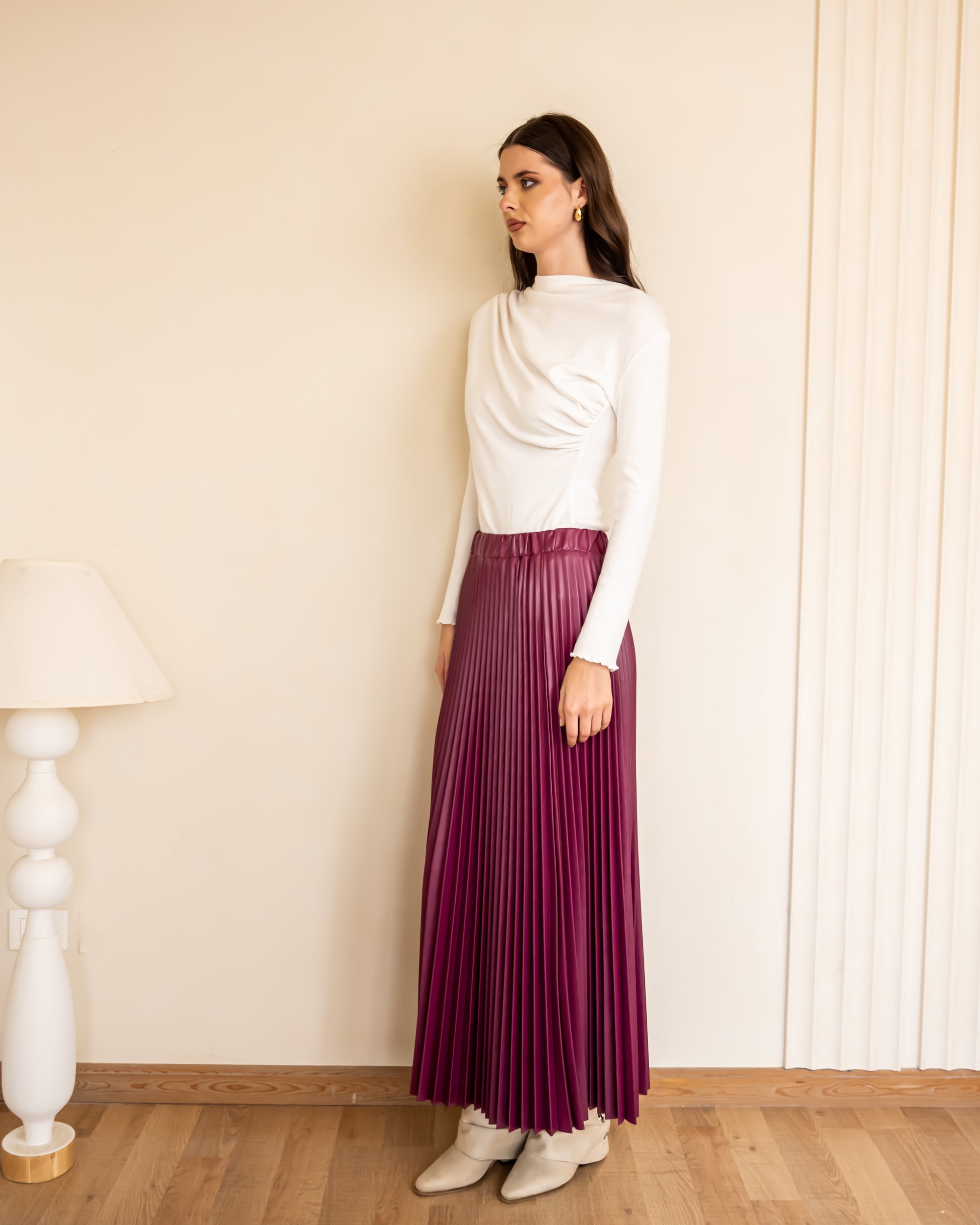 Plisse Satin Skirt-CASHMERE