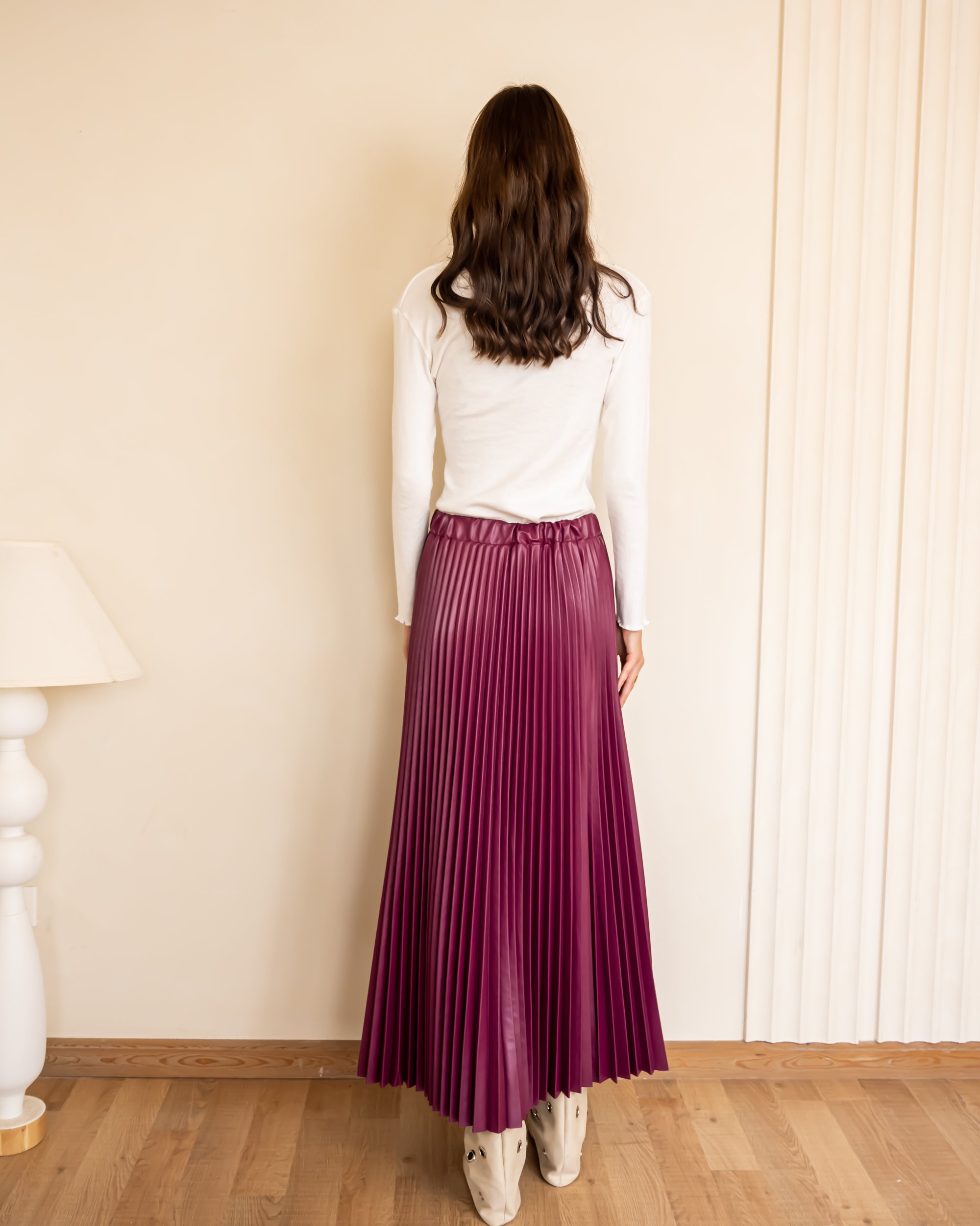 Plisse Satin Skirt-CASHMERE