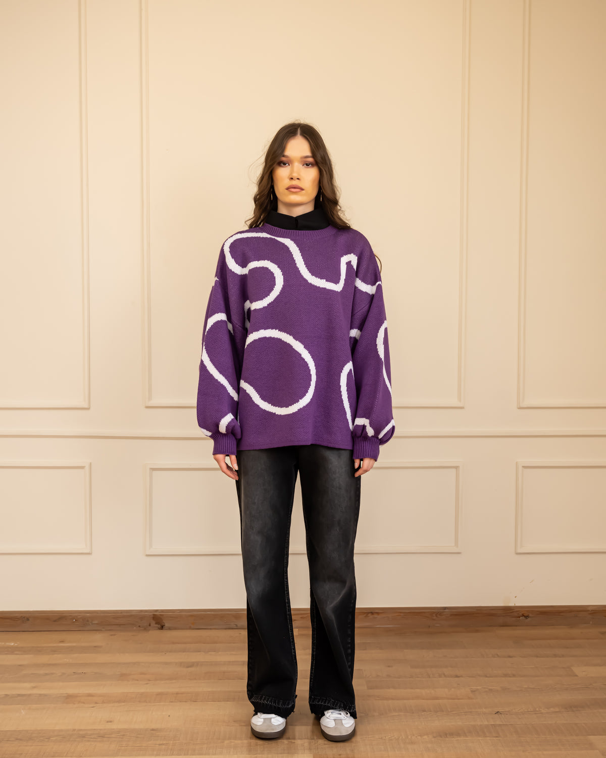 BUFFY SLEEVES KNIT PULLOVER-PURPLE