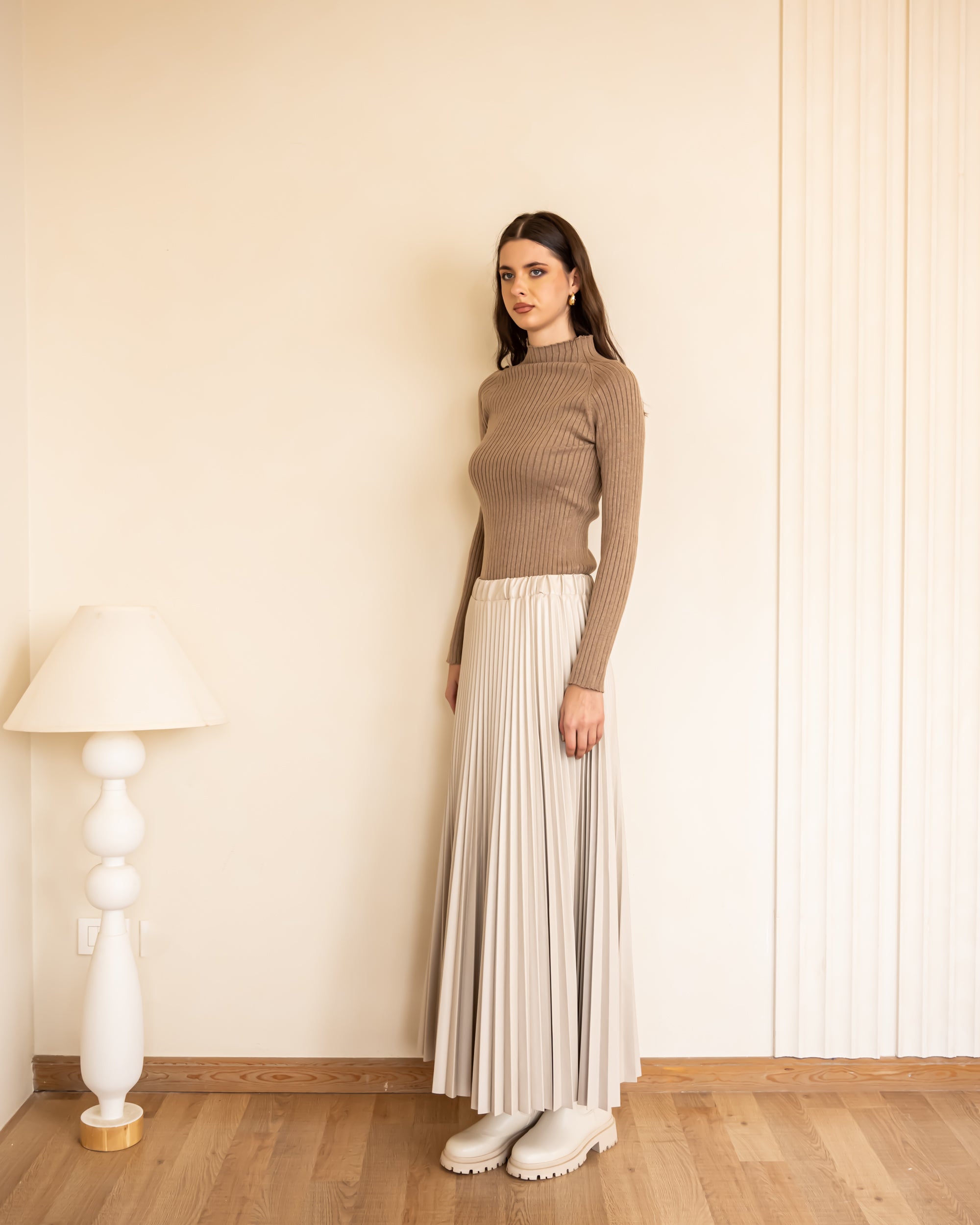 Plisse Satin Skirt-CAFE