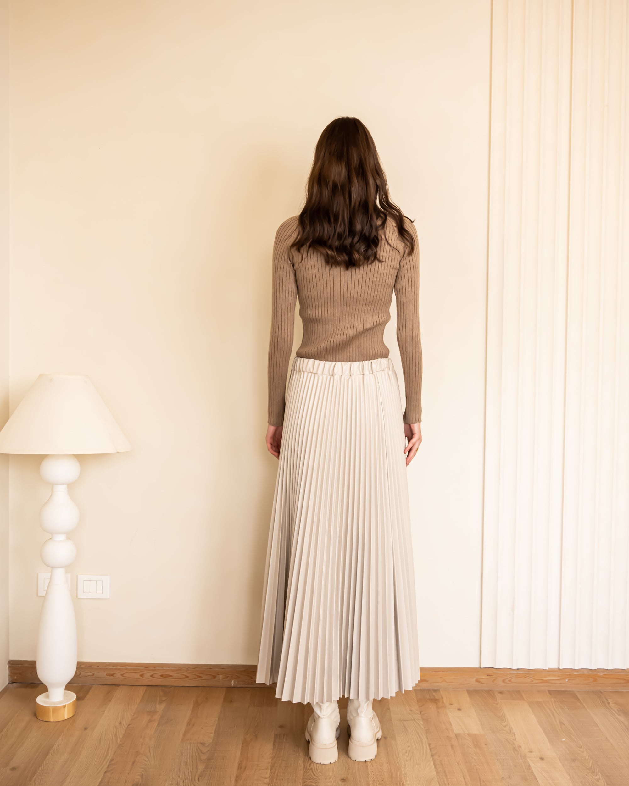 Plisse Satin Skirt-CAFE