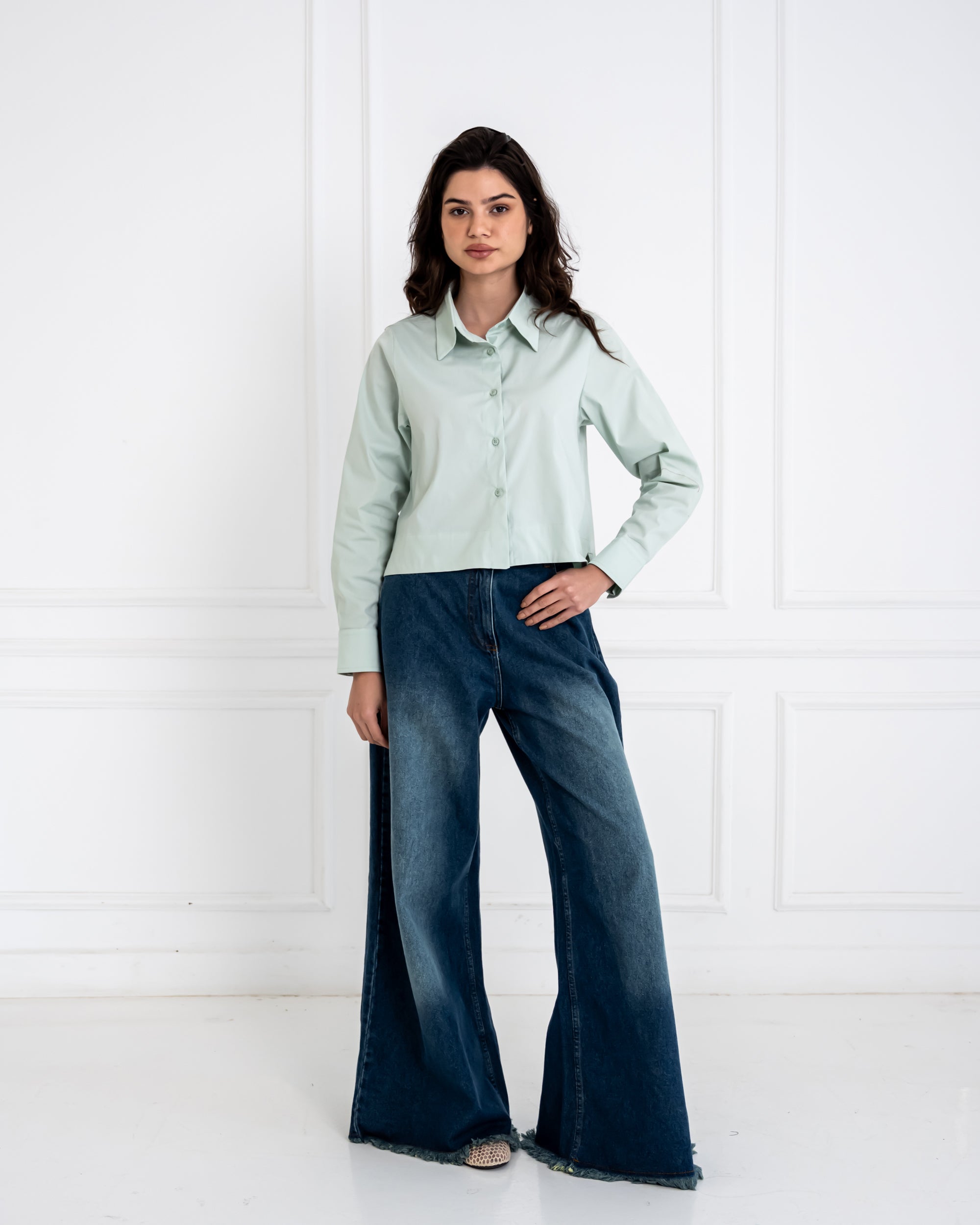 WIDE LEG DENIM PANT -WASHED BLUE