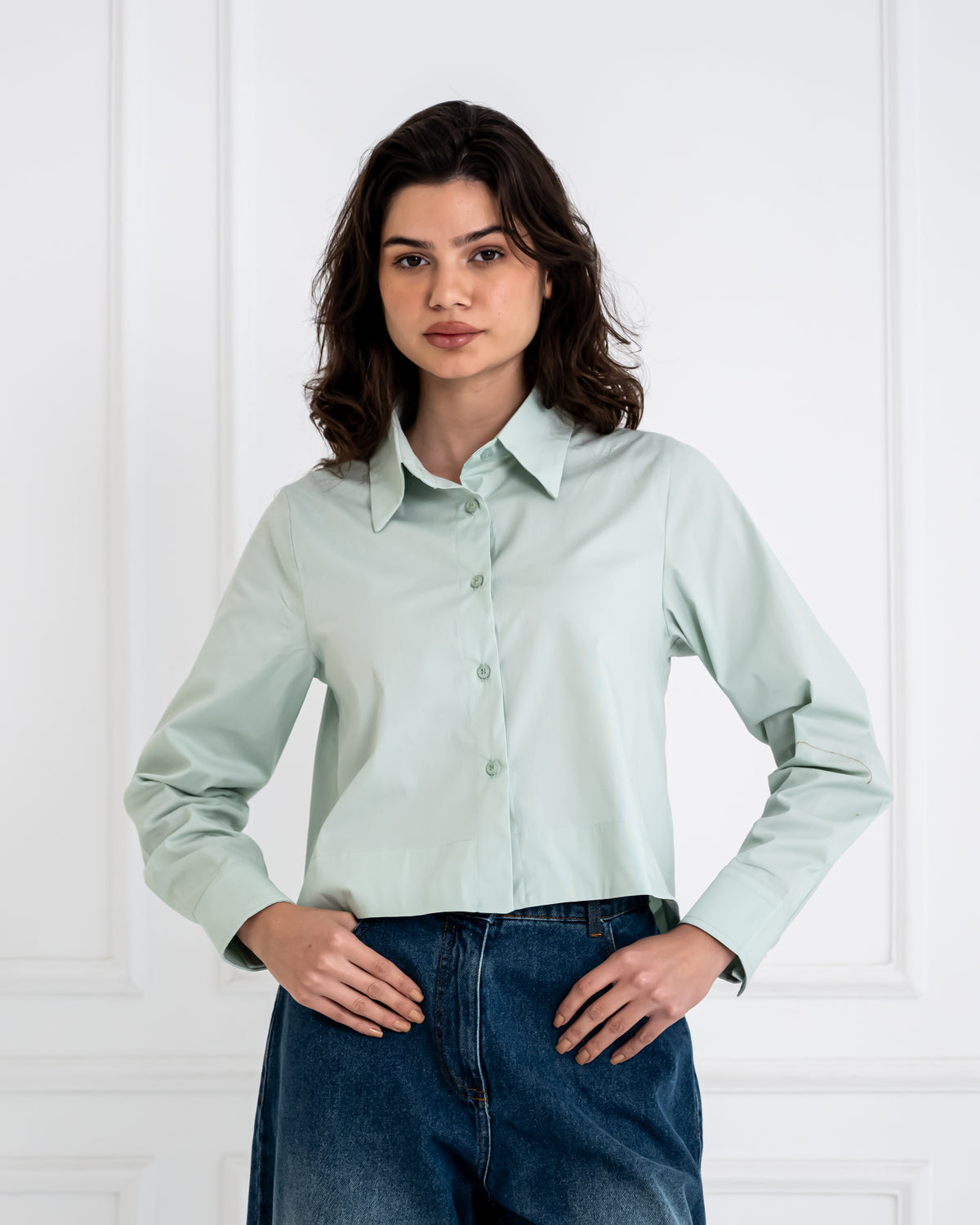 PLAIN CROPPED POPLIN SHIRT-MINT GREEN