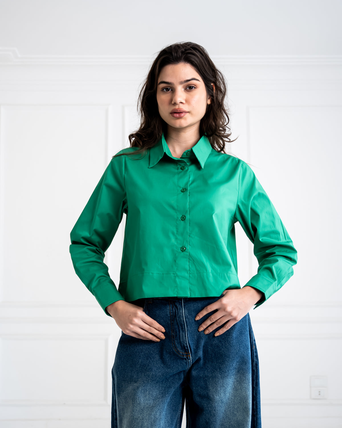 PLAIN CROPPED POPLIN SHIRT-GREEN