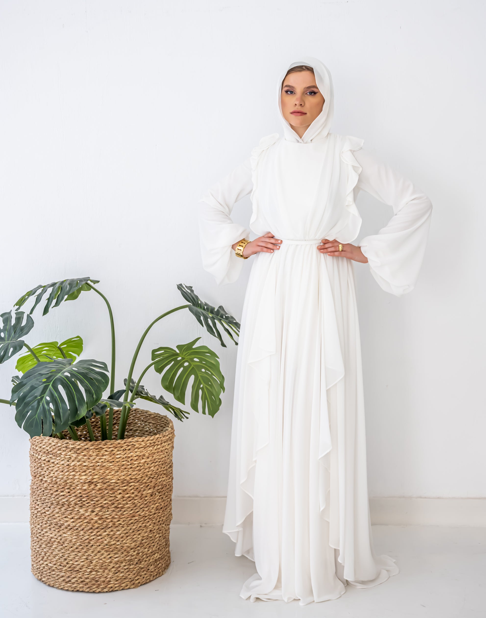 RUFFLE CHIFFON DRESS -OFF WHITE