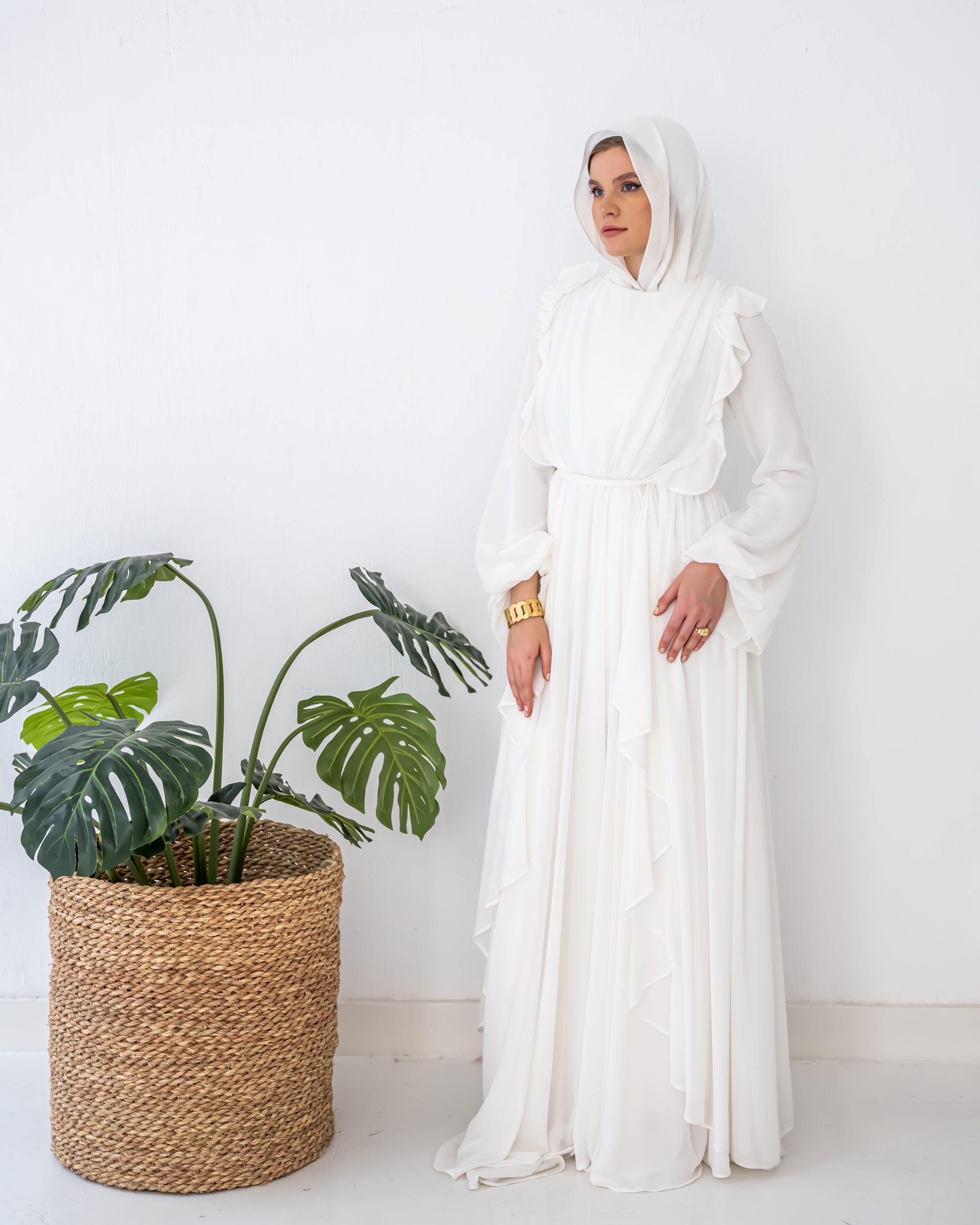 RUFFLE CHIFFON DRESS -OFF WHITE