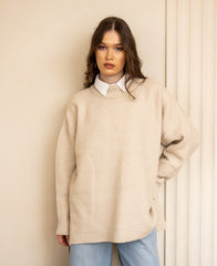 LONG PLAIN KNIT PULLOVER-BEIGE