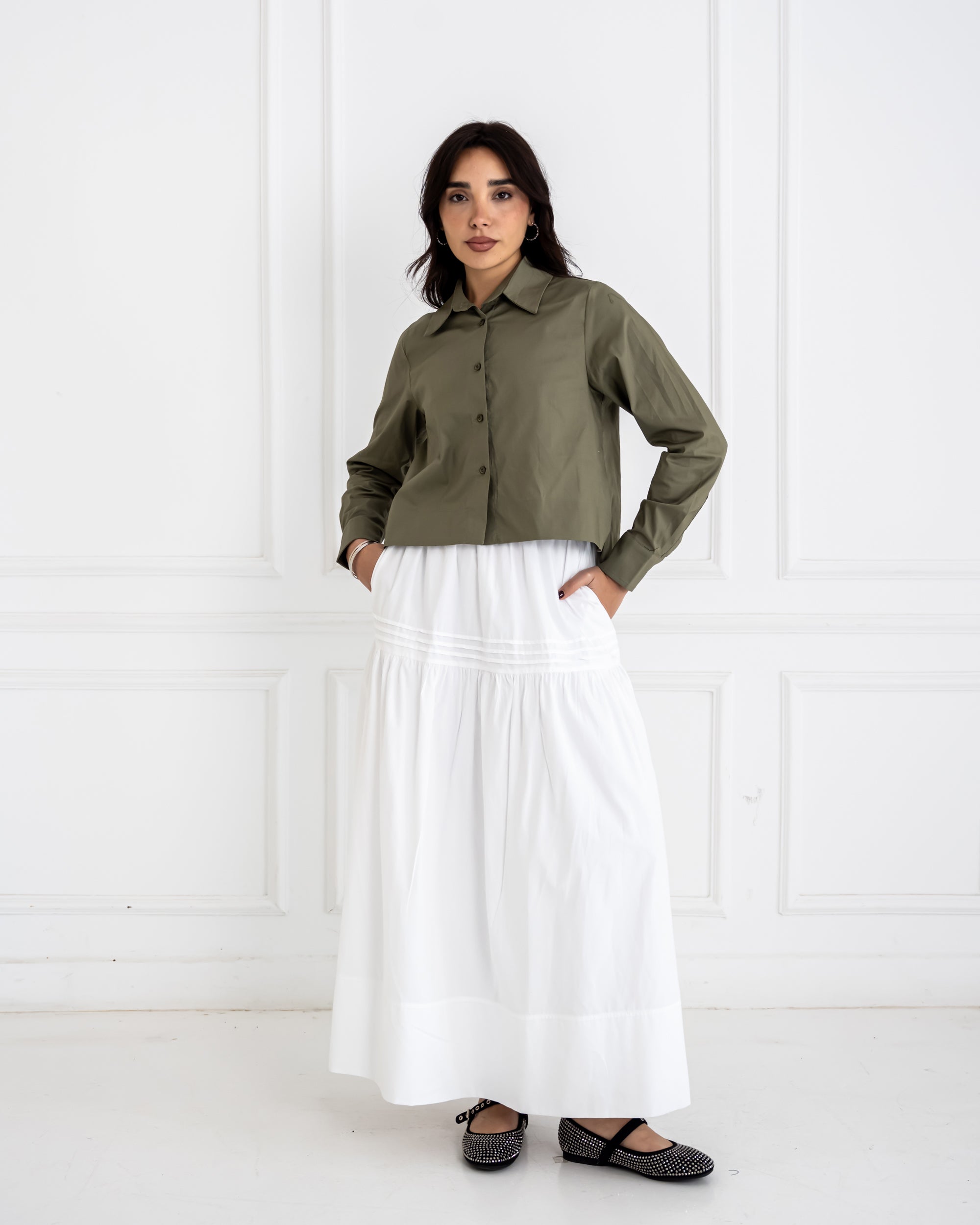 PLAIN CROPPED POPLIN SHIRT-OLIVE