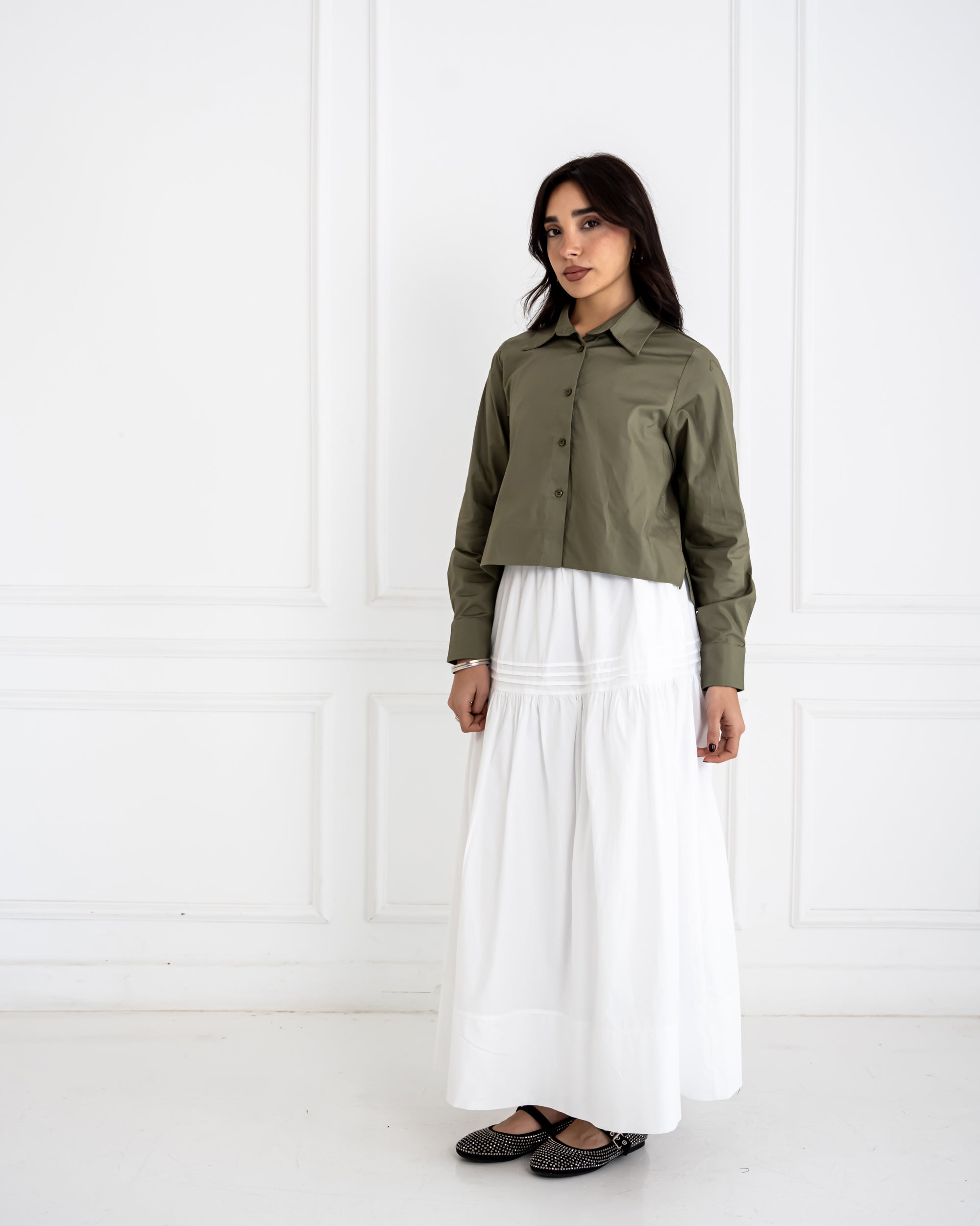 PLAIN CROPPED POPLIN SHIRT-OLIVE