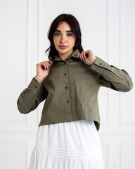 PLAIN CROPPED POPLIN SHIRT-OLIVE