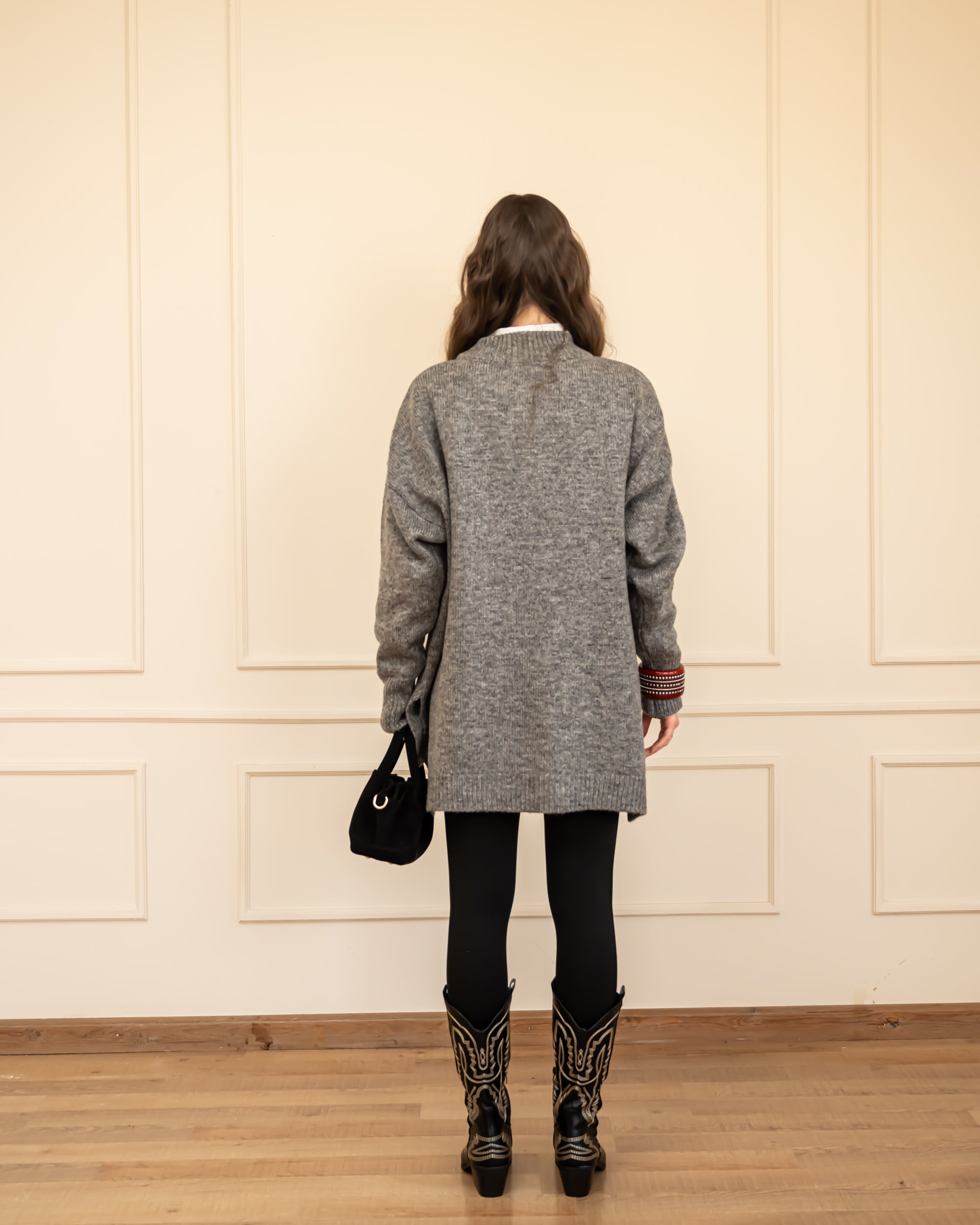 LONG PLAIN KNIT PULLOVER-GRAY