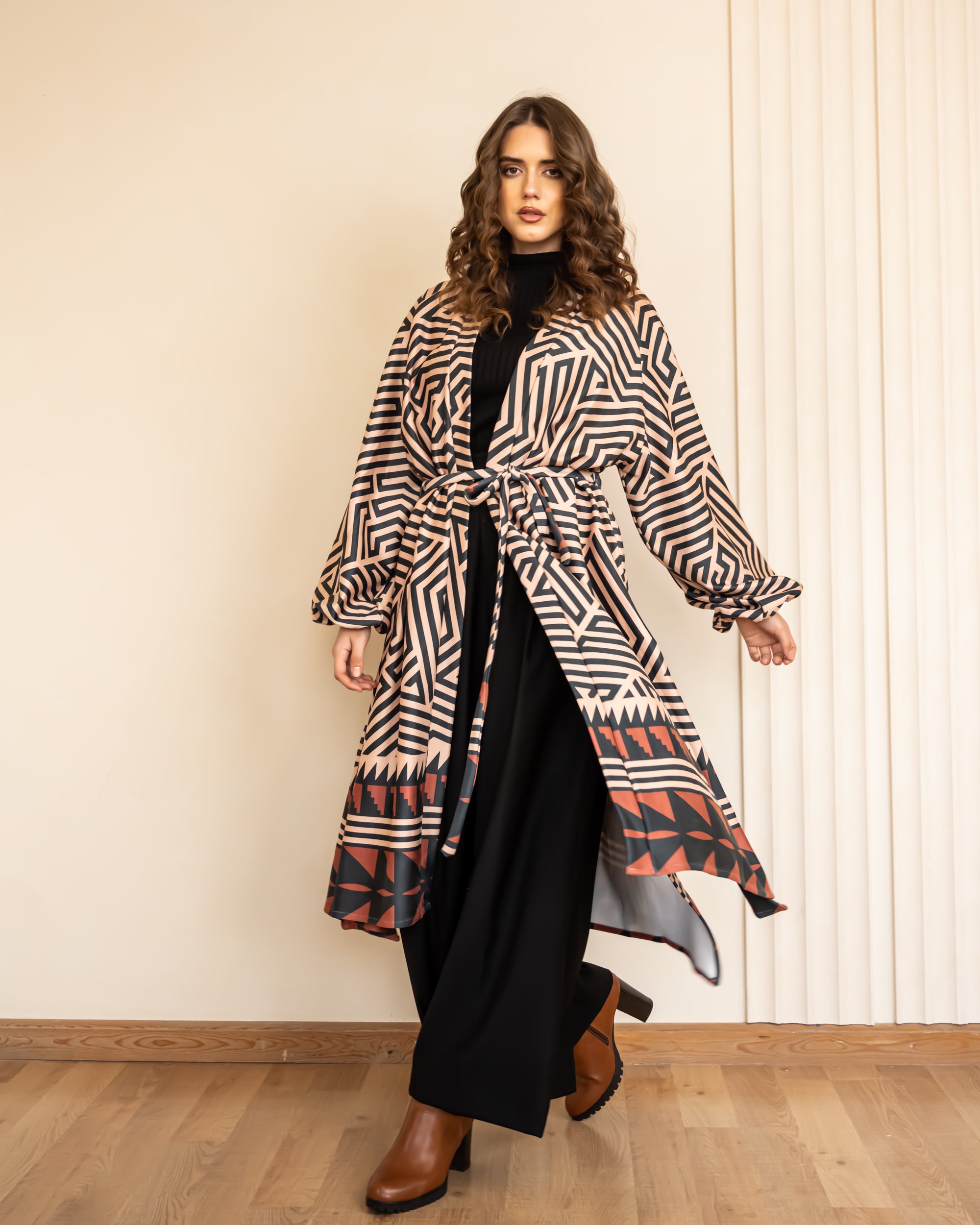 WITH BORDERED PRINTED CARDIGAN-BLACK