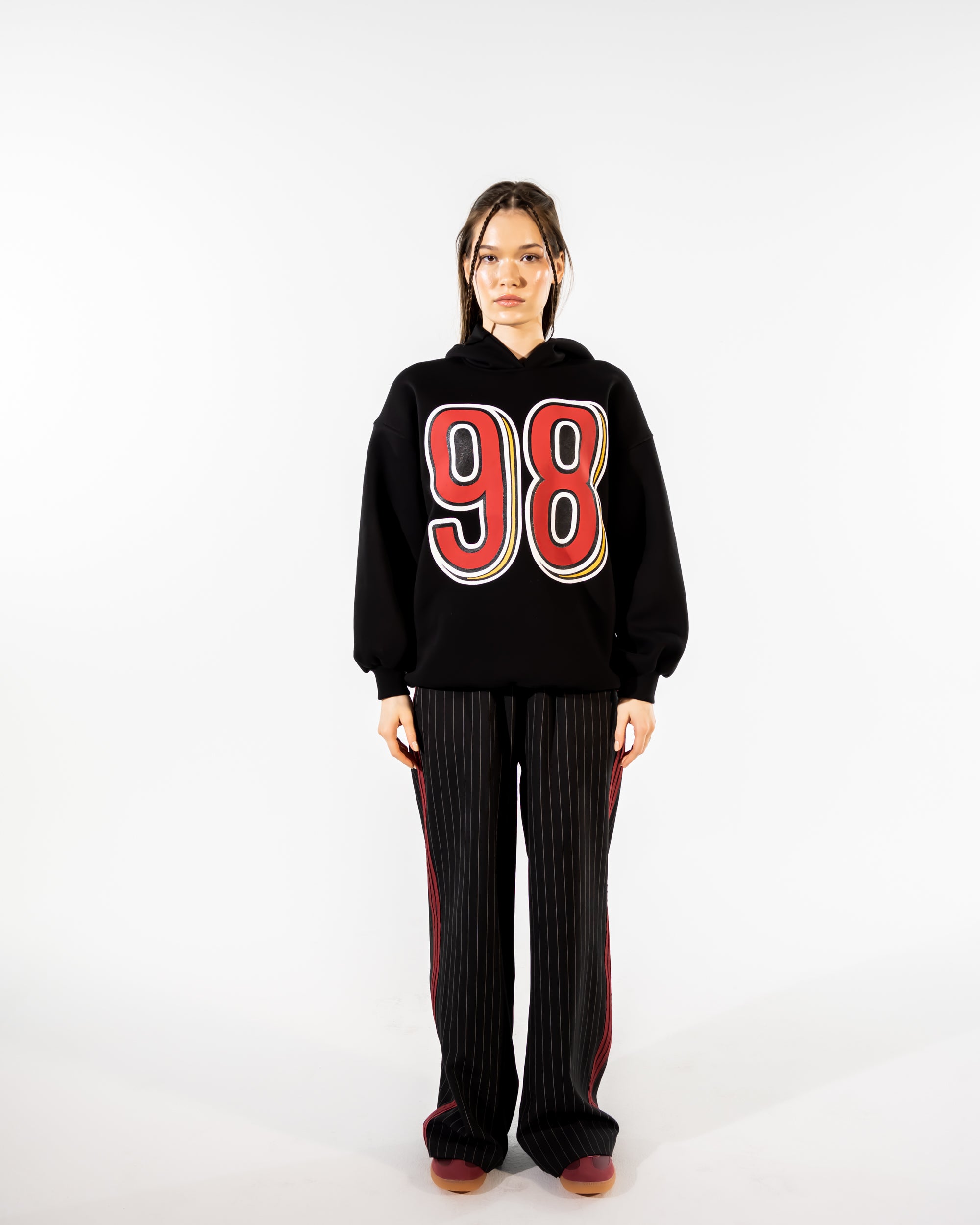 WIDE LEG PANTS WITH SIDE MARRON STRIPES -BLACK