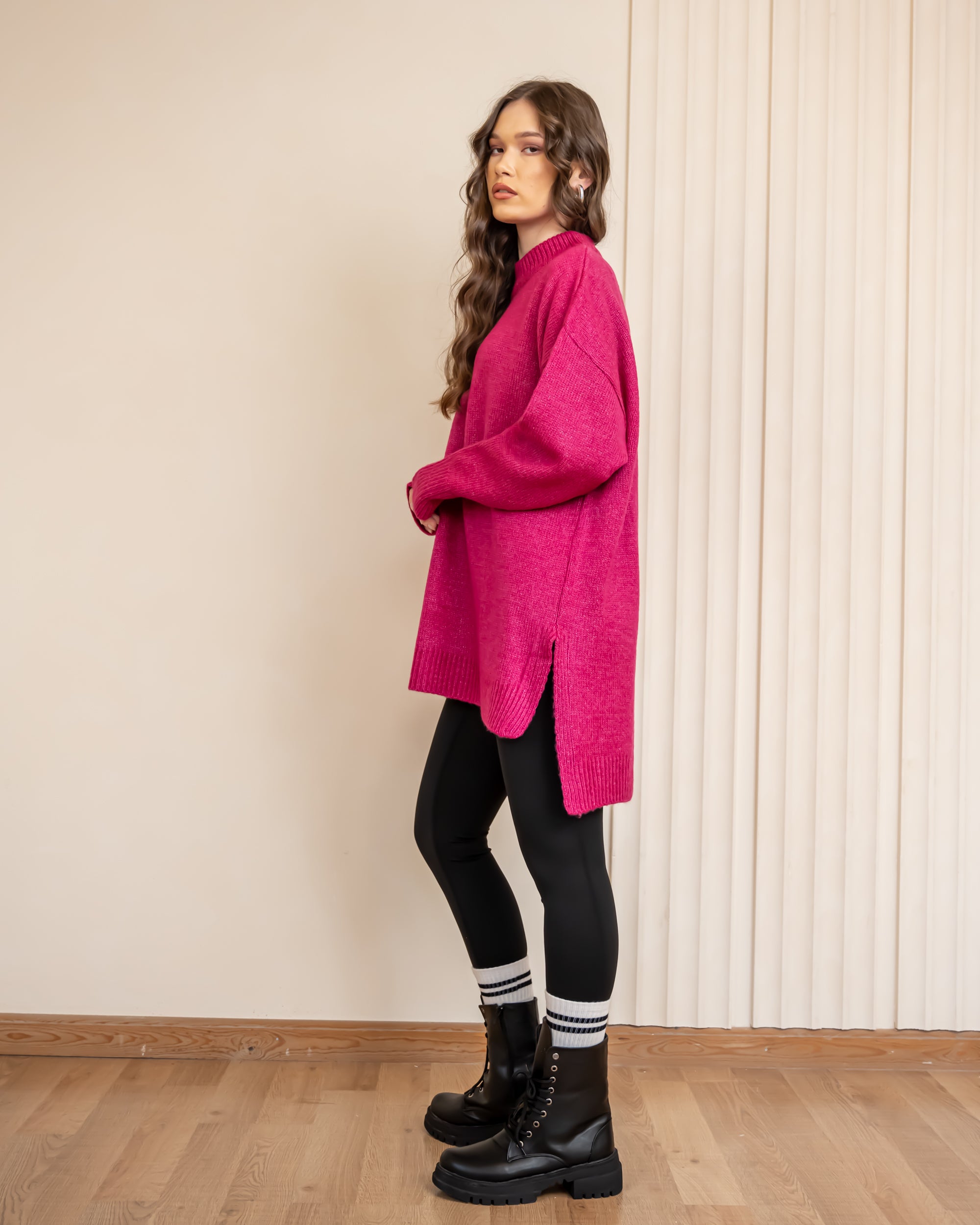 LONG PLAIN KNIT PULLOVER-FOSHIA