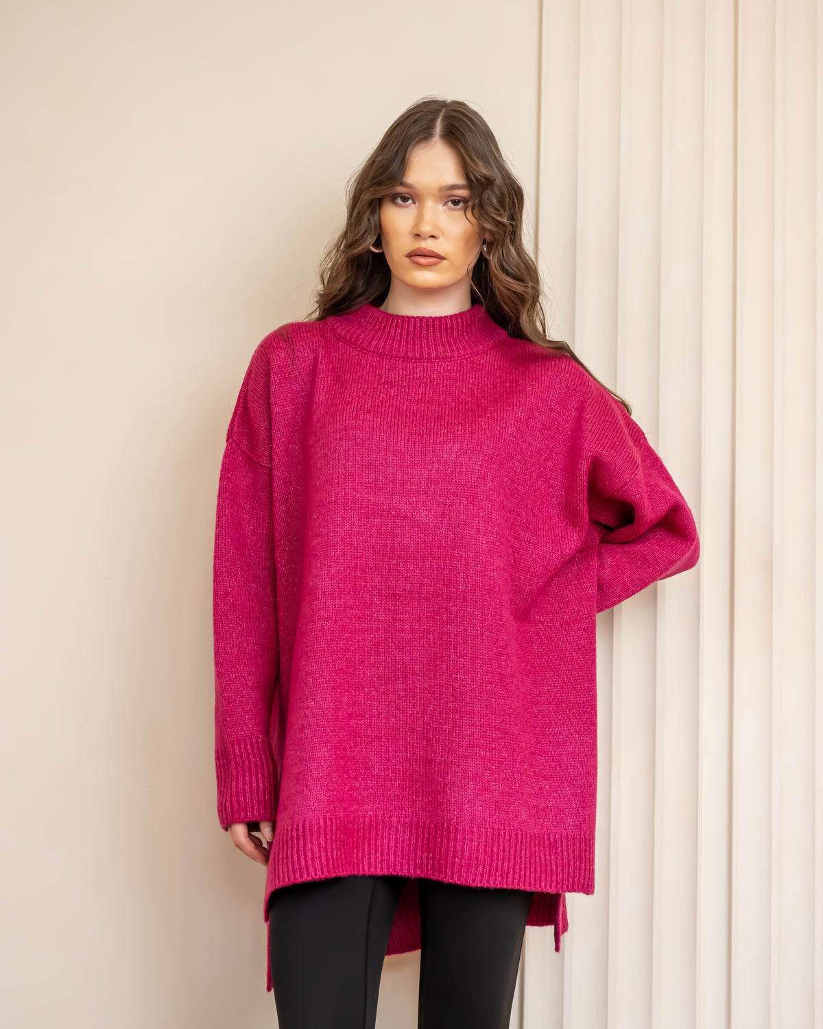 LONG PLAIN KNIT PULLOVER-FOSHIA