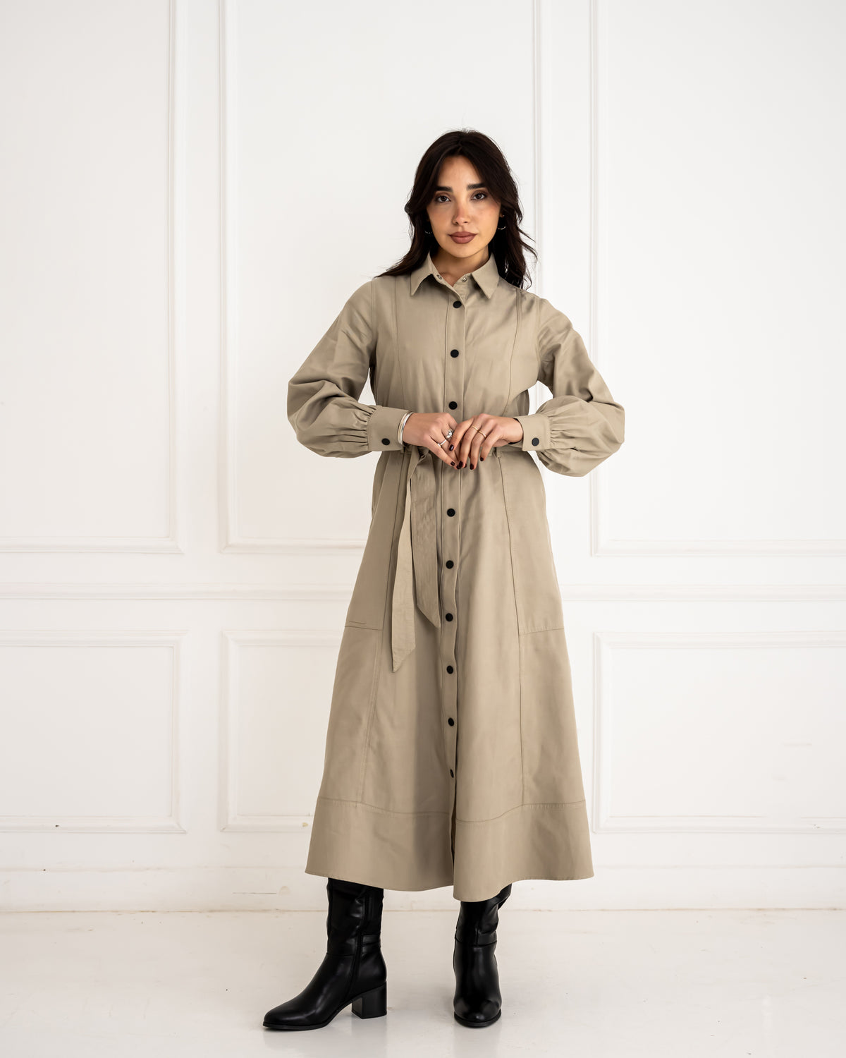 GABARDINE SHIRT DRESS-OLIVE