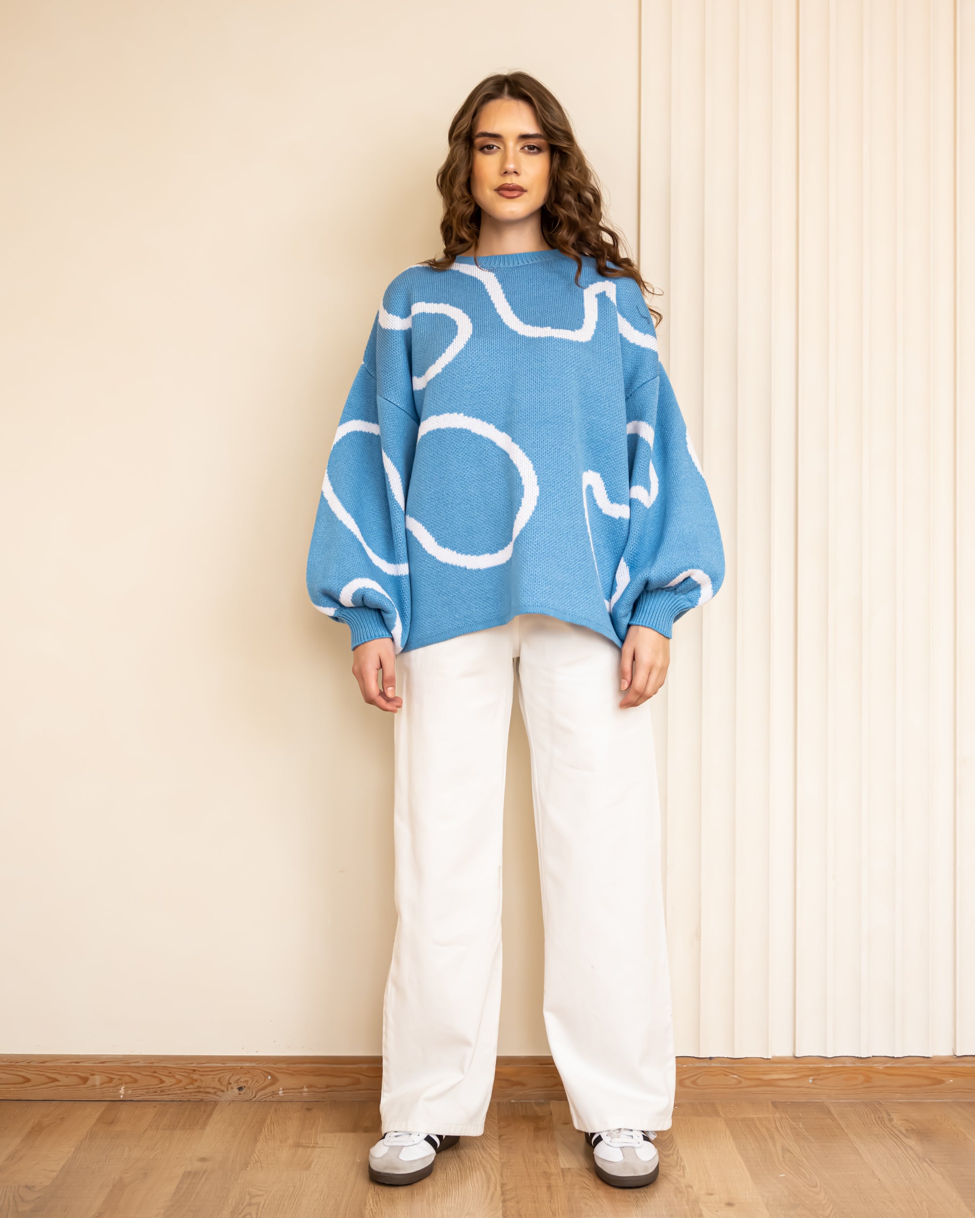 BUFFY SLEEVES KNIT PULLOVER-BABY BLUE