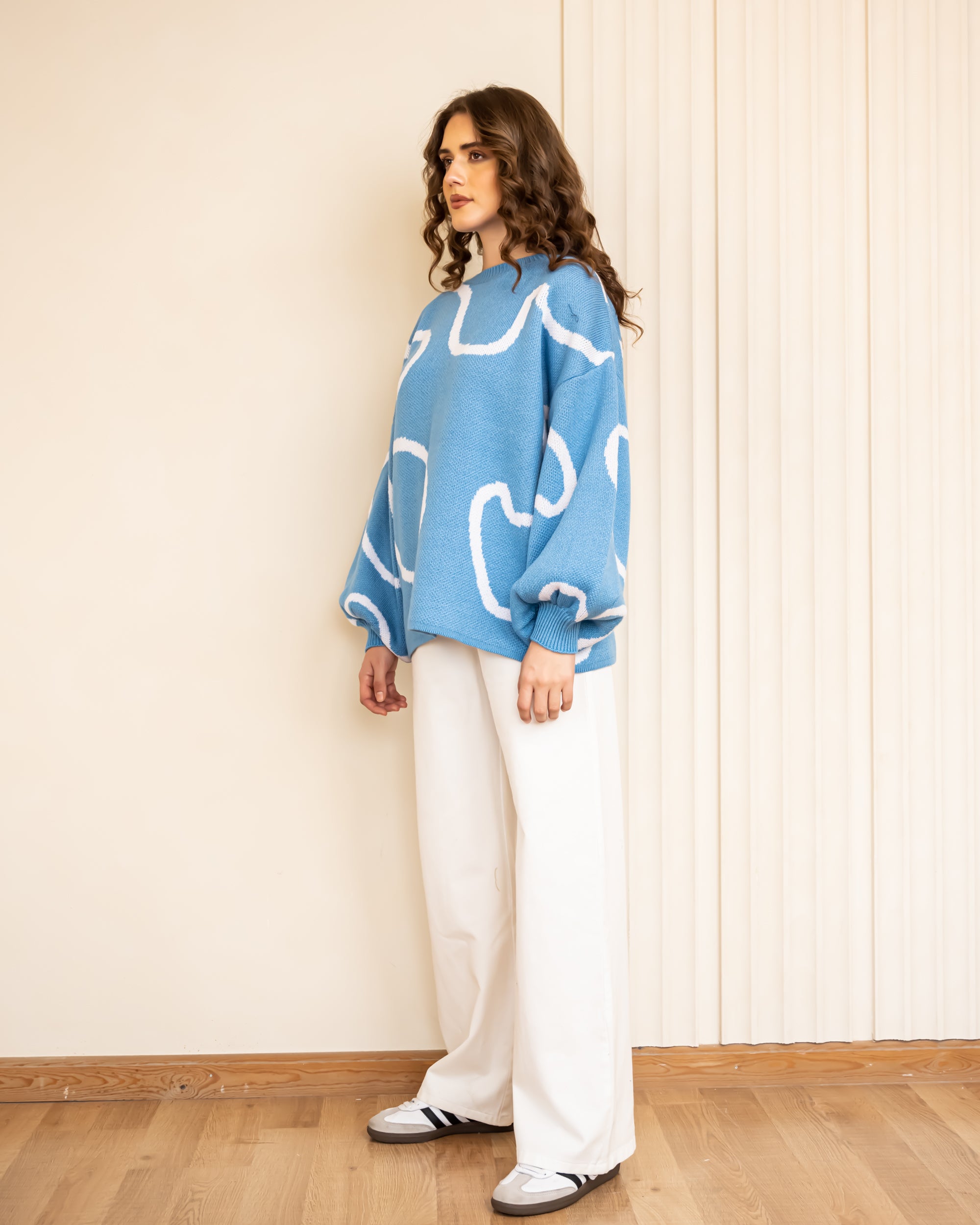 BUFFY SLEEVES KNIT PULLOVER-BABY BLUE