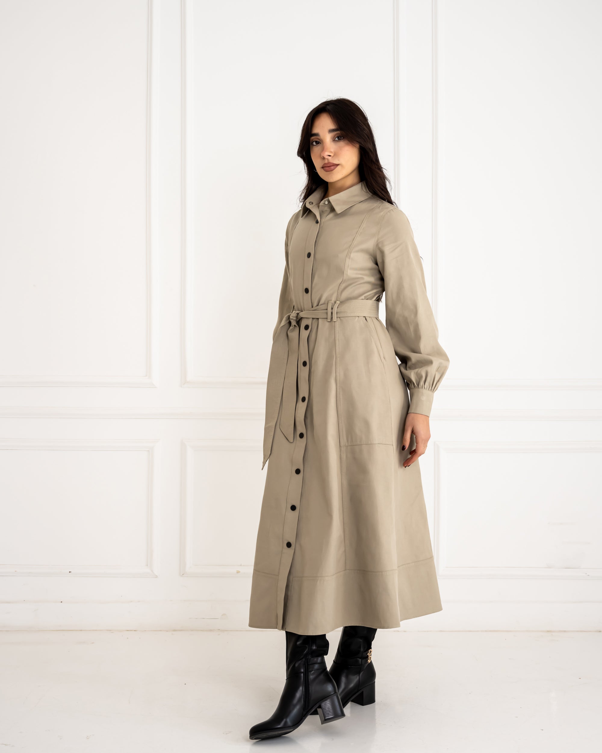 GABARDINE SHIRT DRESS-OLIVE