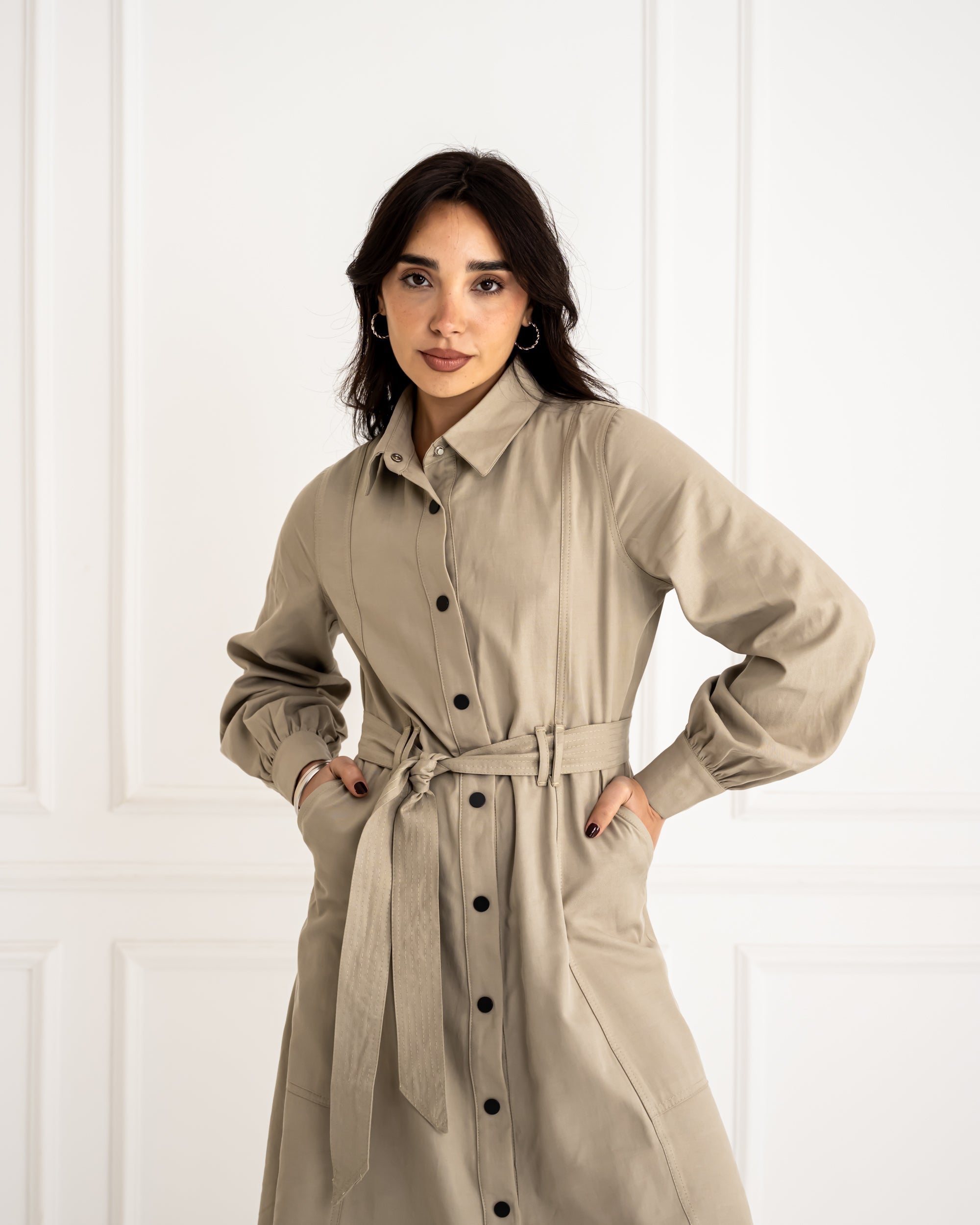 GABARDINE SHIRT DRESS-OLIVE