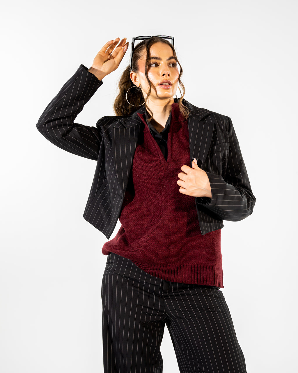 STRIPPED WIDE LEG PANTS-BLACK