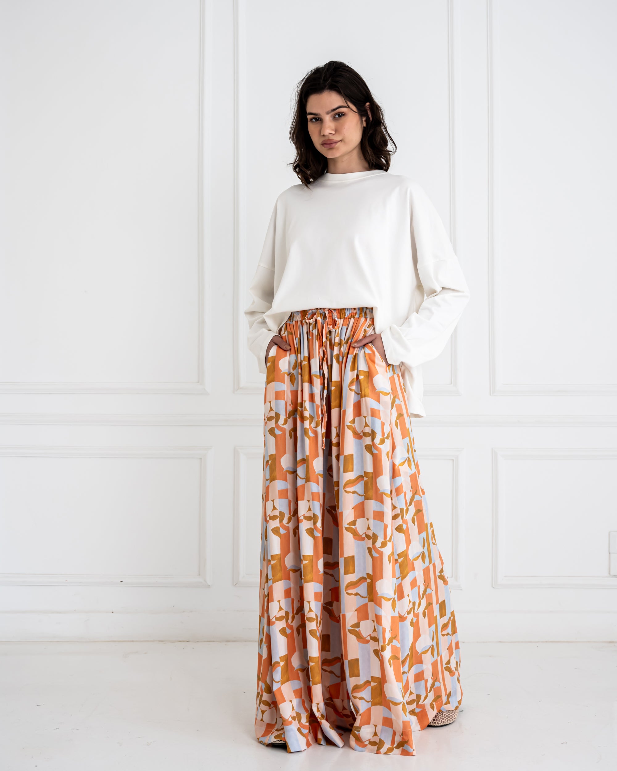PRINTED COTTON WIDE LEG PANTS-ORANGE
