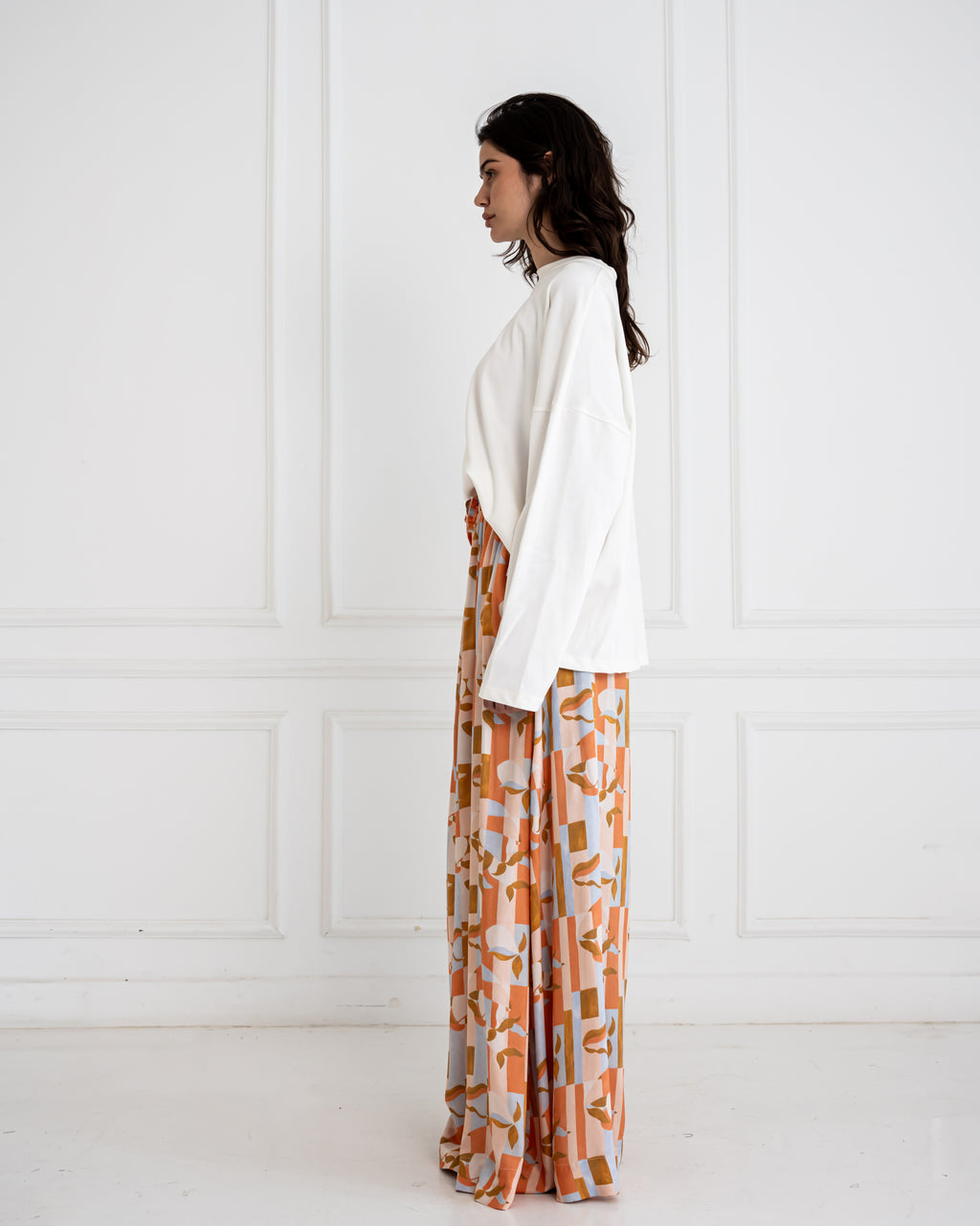PRINTED COTTON WIDE LEG PANTS-ORANGE