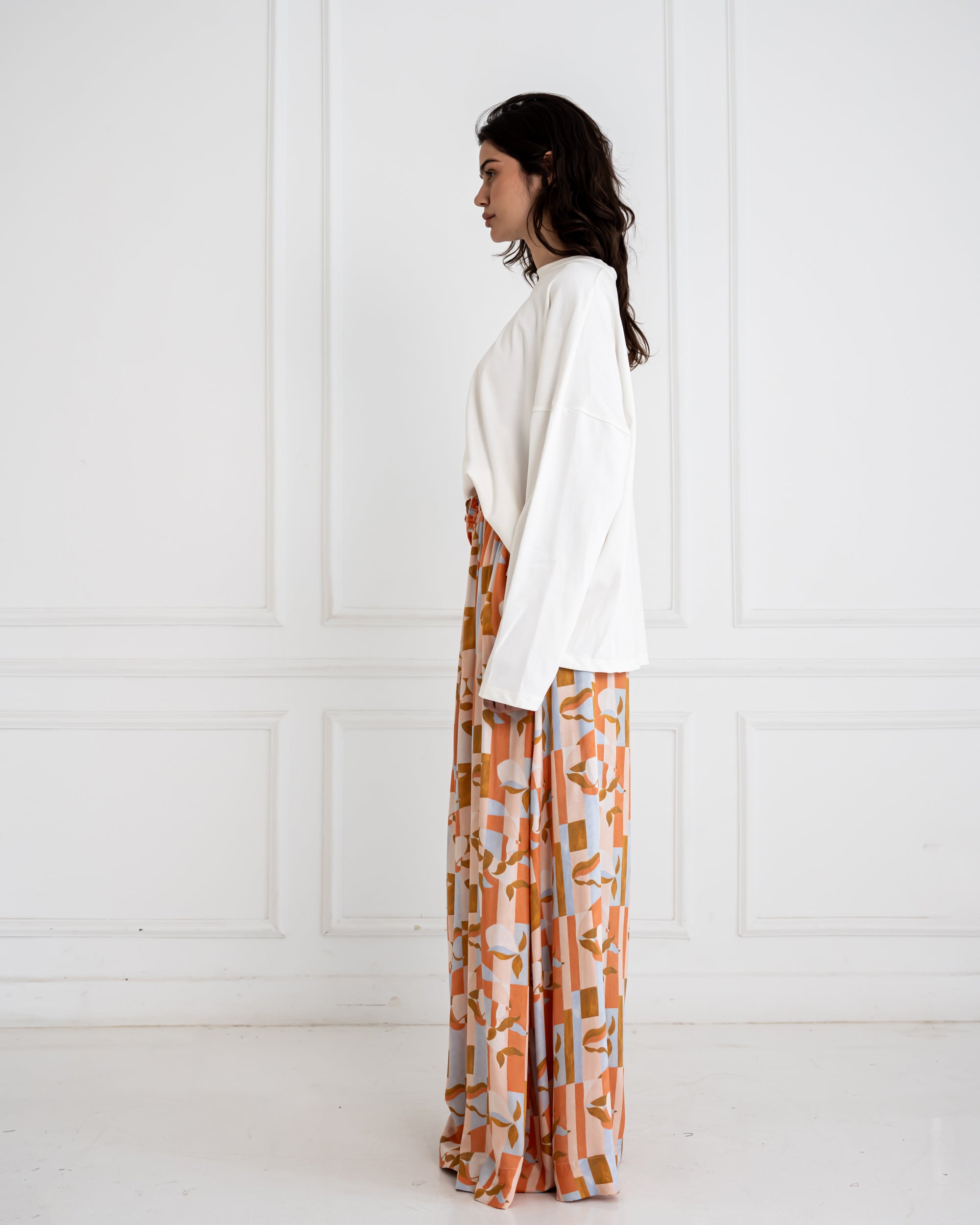PRINTED COTTON WIDE LEG PANTS-ORANGE