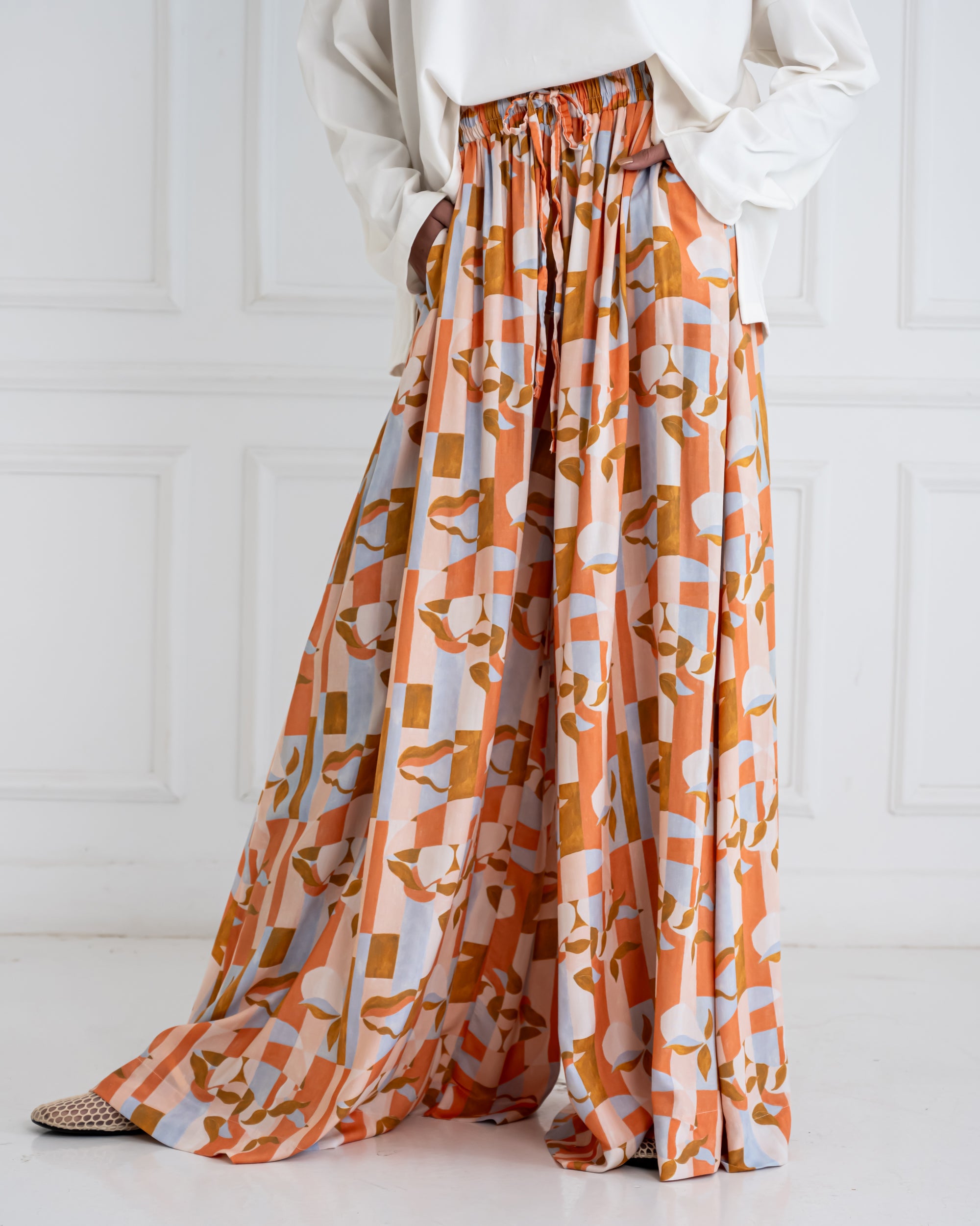 PRINTED COTTON WIDE LEG PANT-ORANGE