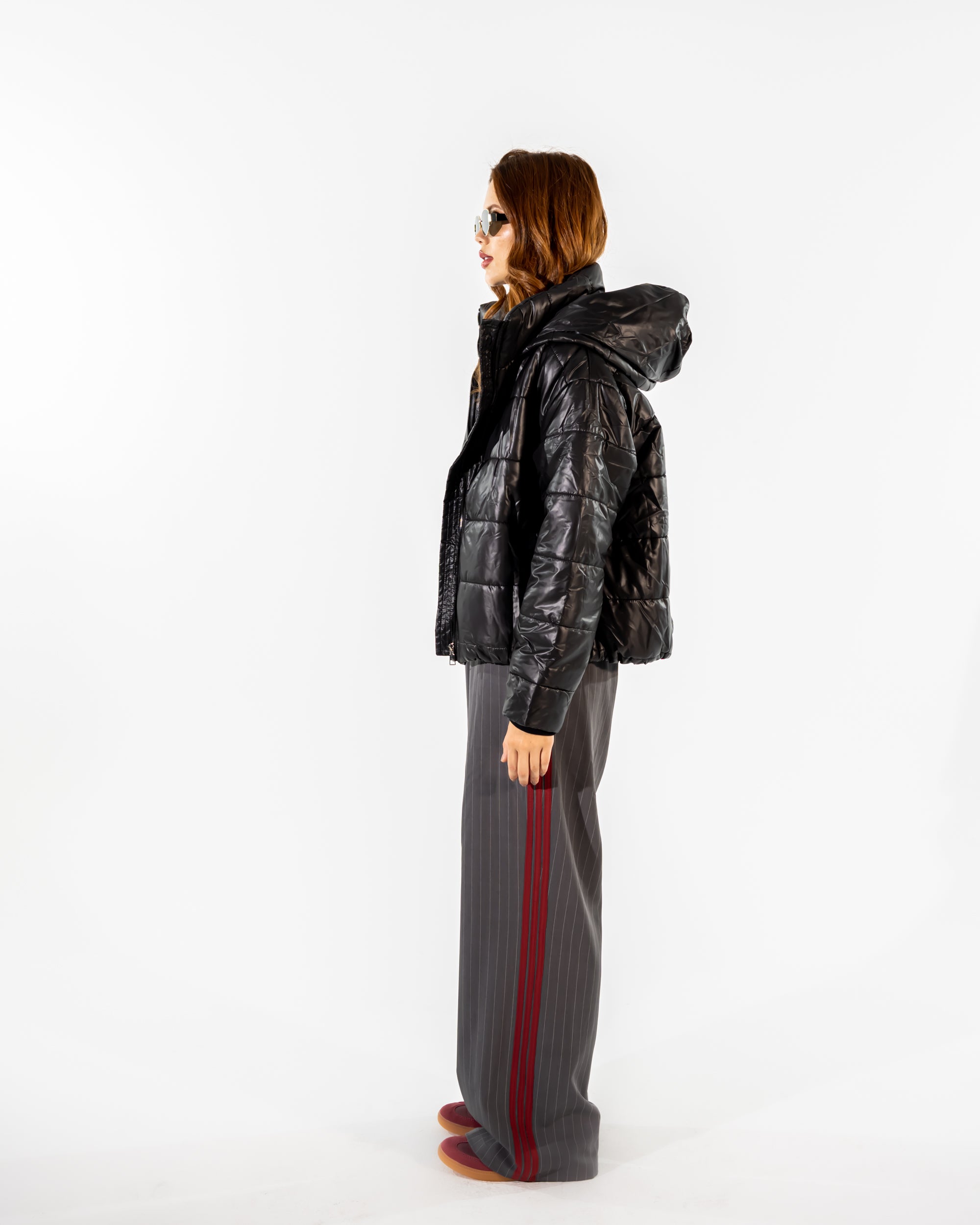 WIDE LEG PANTS WITH SIDE MARRON STRIPES -GRAY