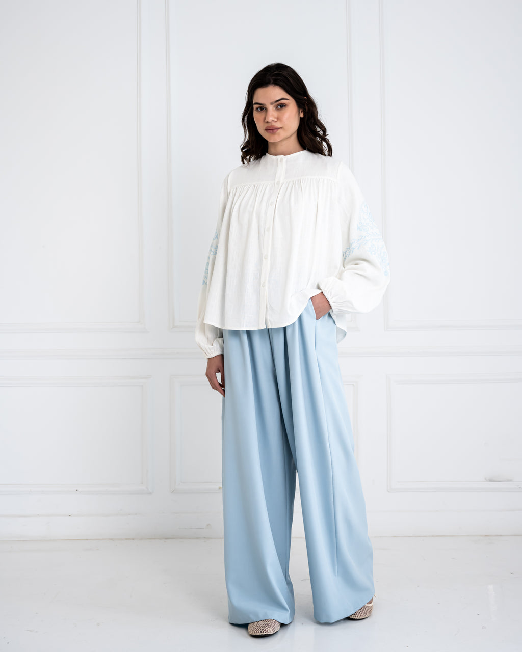 PLAIN WIDE LEG PANTS-BABY BLUE