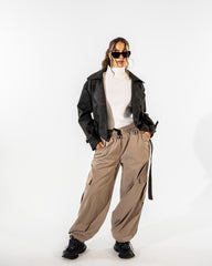 STRIPPED WIDE LEG PANT -CAFE